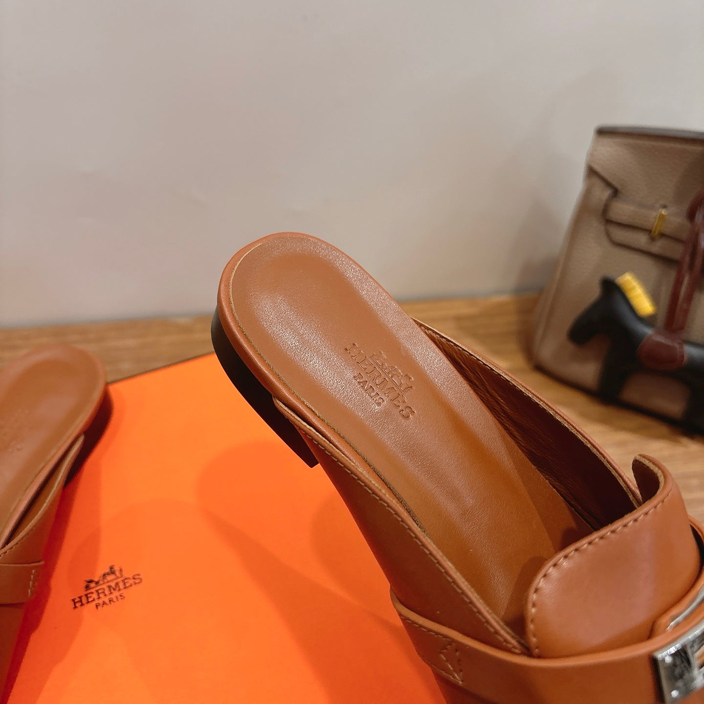 HM 26s Kelly Mule In Caramel Brown Calfskin Silver Hardware