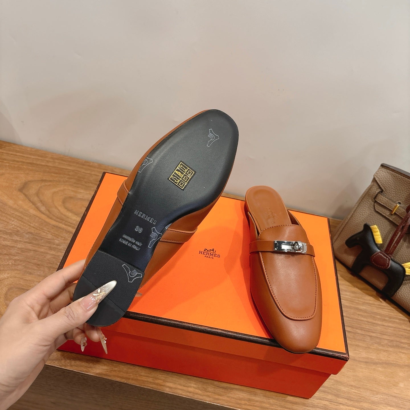 HM 26s Kelly Mule In Caramel Brown Calfskin Silver Hardware