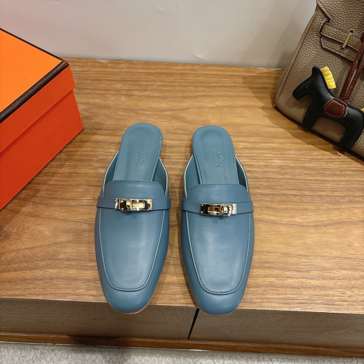 HM 26s Kelly Mule In Dusty Blue Calfskin Gold Hardware