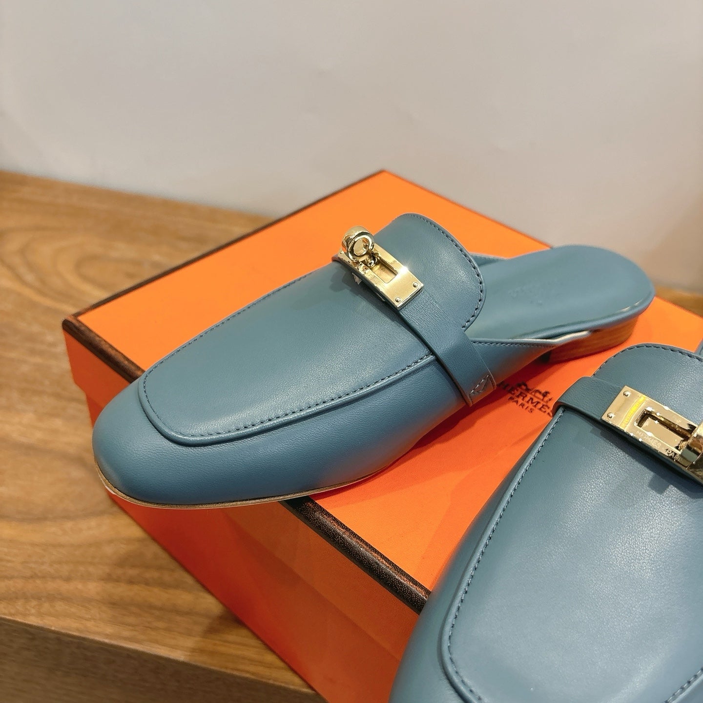 HM 26s Kelly Mule In Dusty Blue Calfskin Gold Hardware