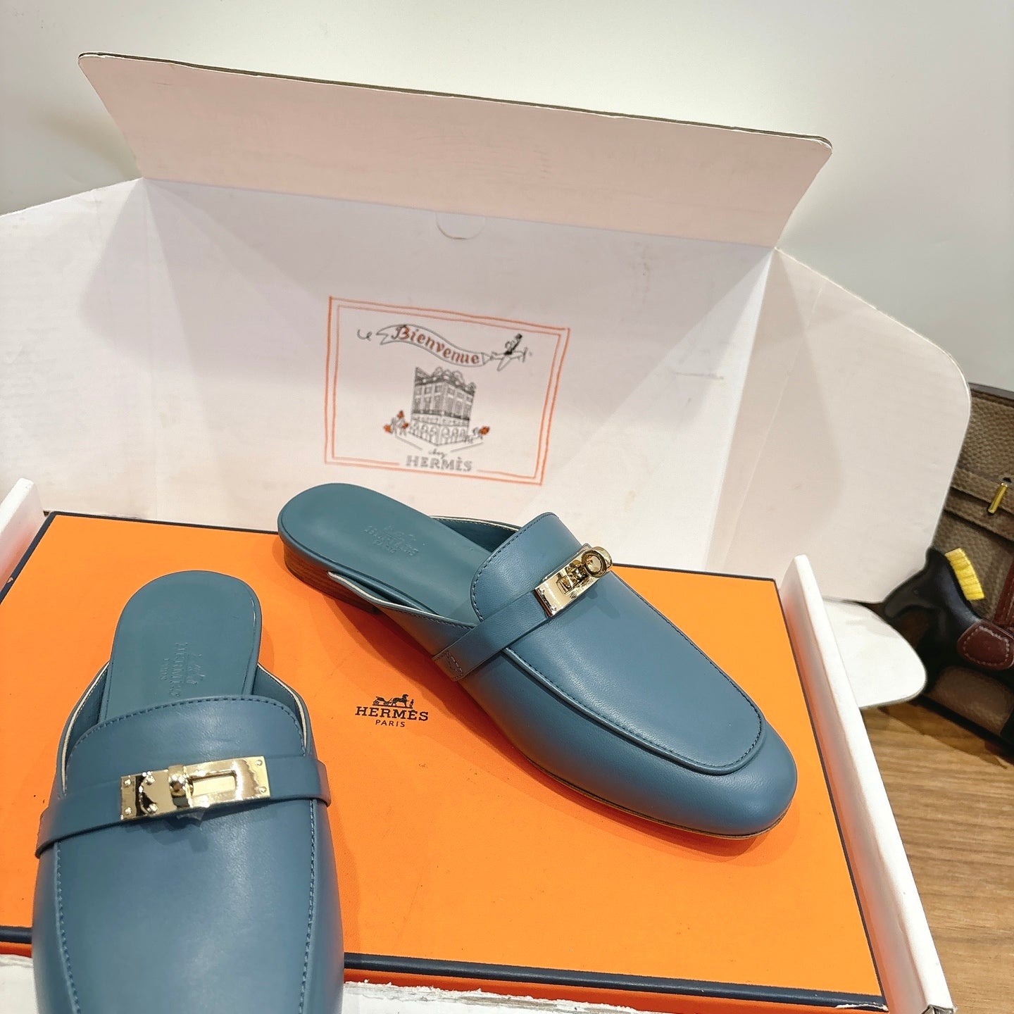 HM 26s Kelly Mule In Dusty Blue Calfskin Gold Hardware
