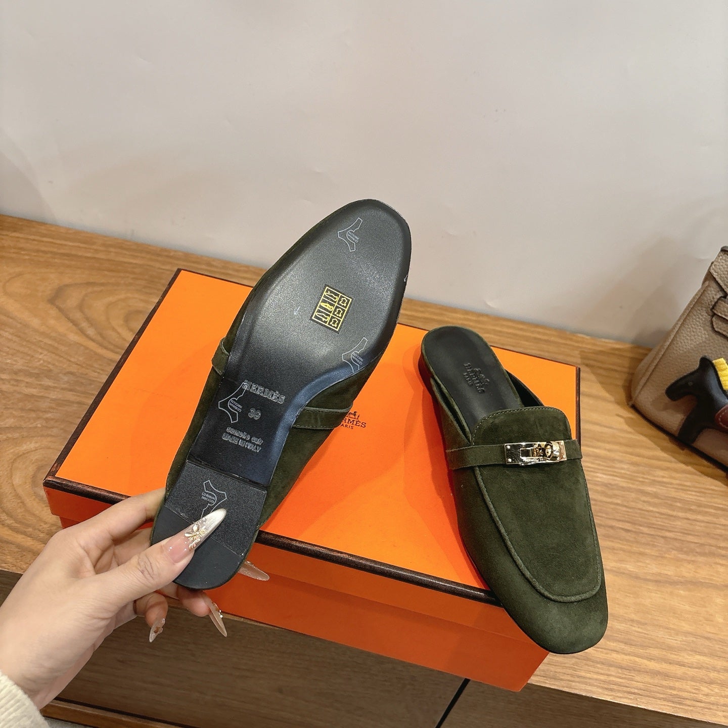 HM 26s Oz Mule In Dark Olive Green Suede Gold Hardware