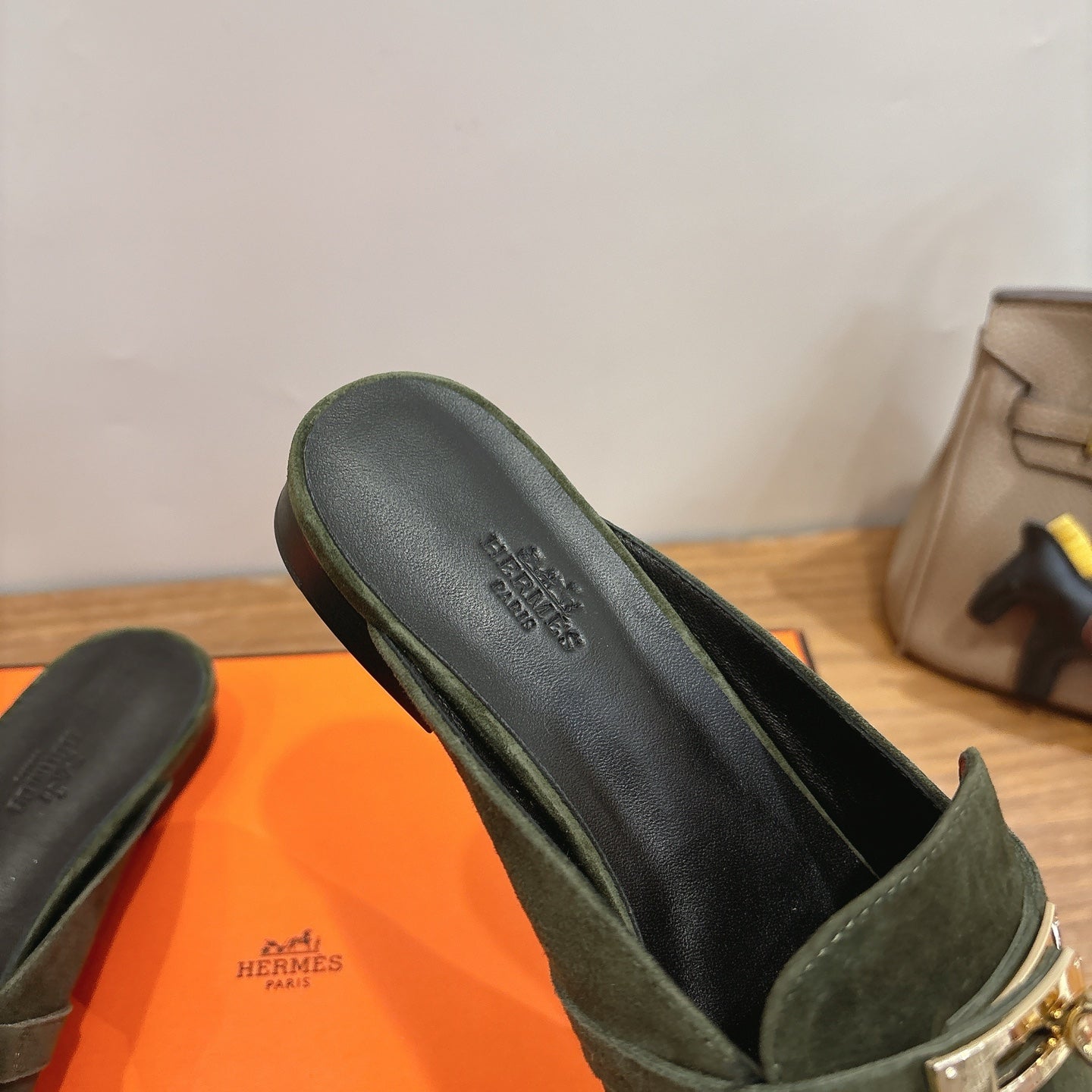 HM 26s Oz Mule In Dark Olive Green Suede Gold Hardware