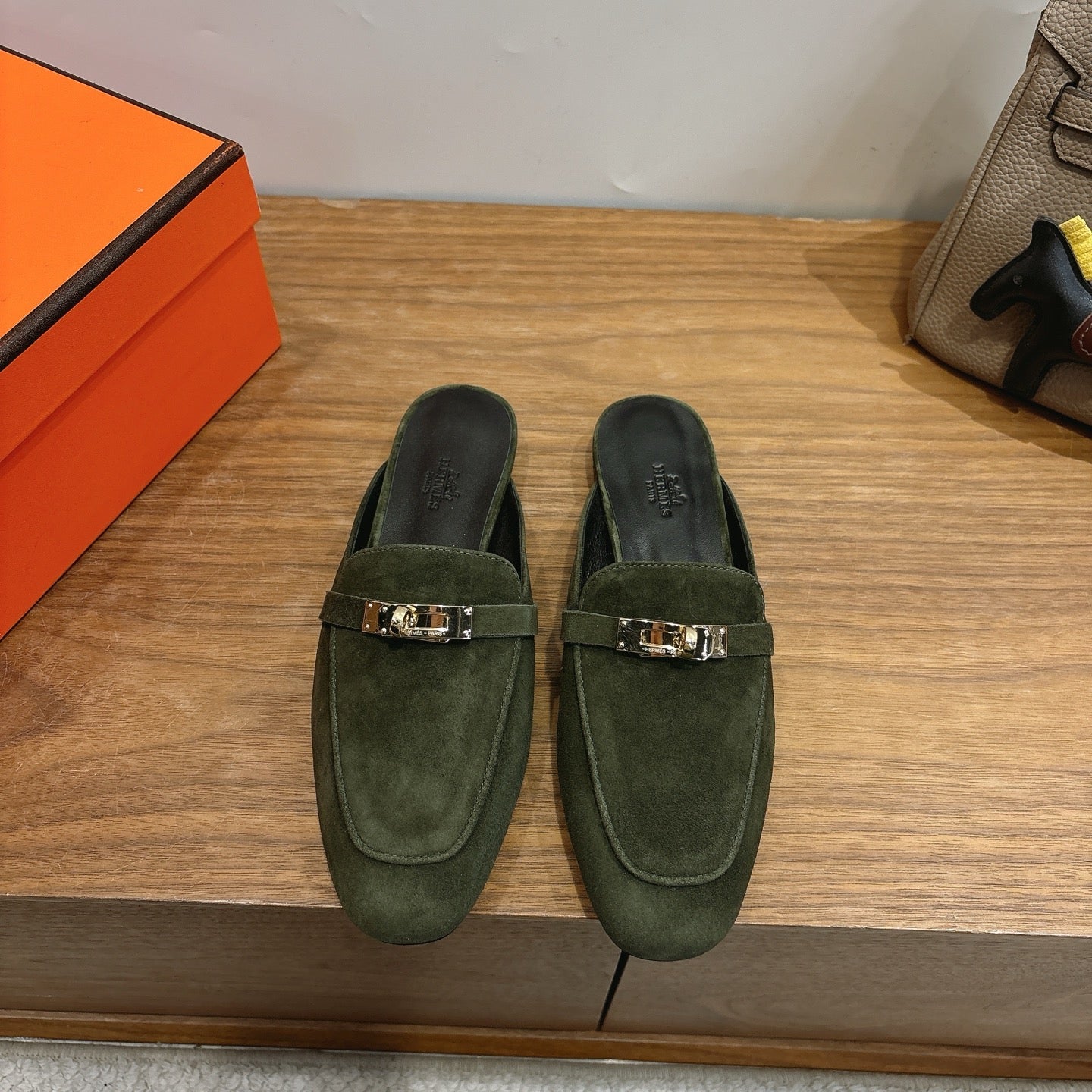 HM 26s Oz Mule In Dark Olive Green Suede Gold Hardware