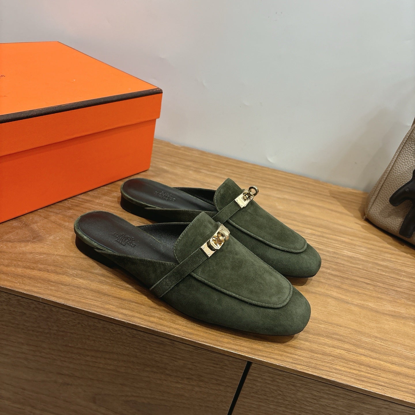 HM 26s Oz Mule In Dark Olive Green Suede Gold Hardware