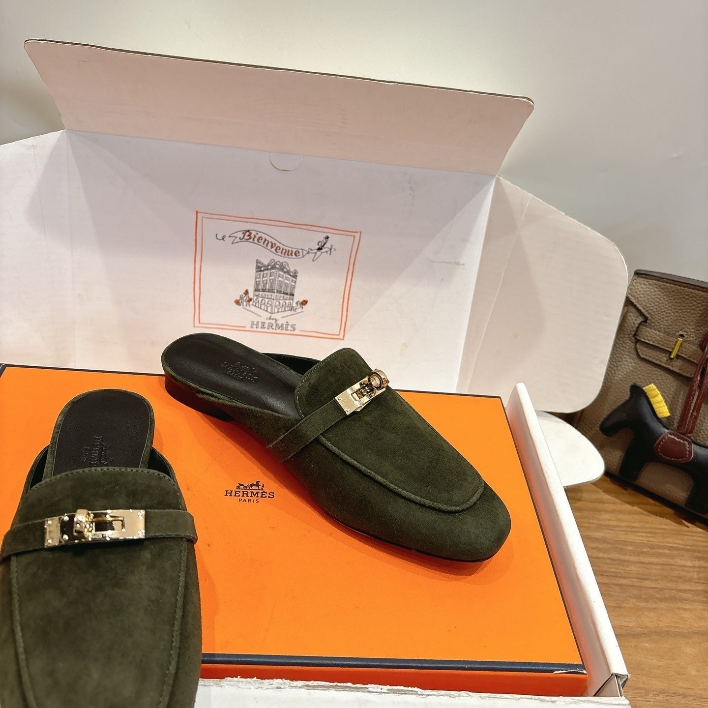 HM 26s Oz Mule In Dark Olive Green Suede Gold Hardware