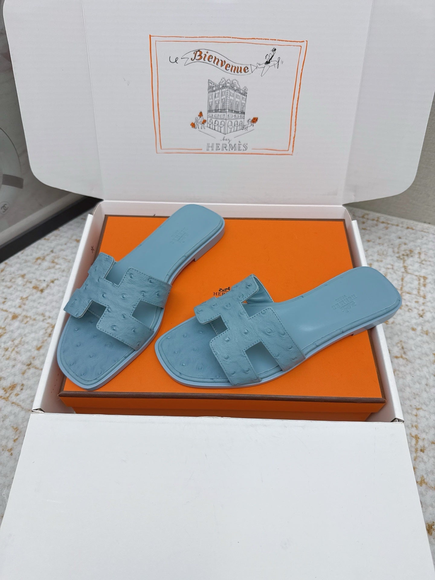 HM 26ss Oran Sandals Light Blue Ostrich Leather 625103