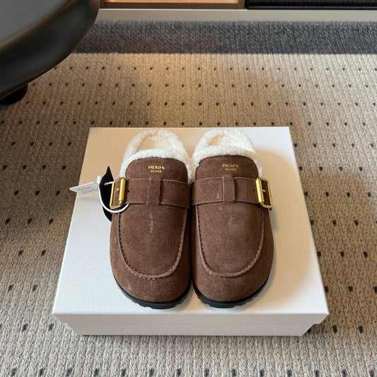 Prada 26s Clogs Coffee Suede Shearling 971696