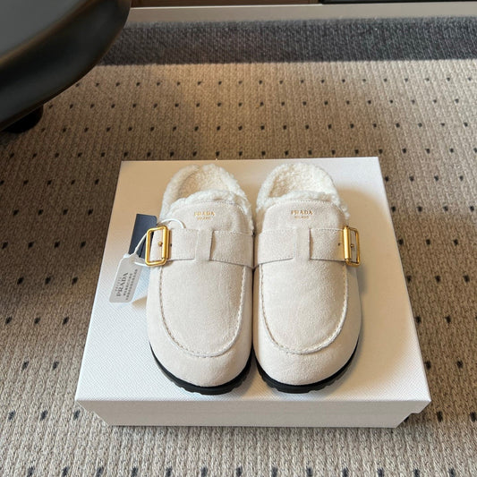 Prada 26s Clogs Ivory White Suede Shearling 971697