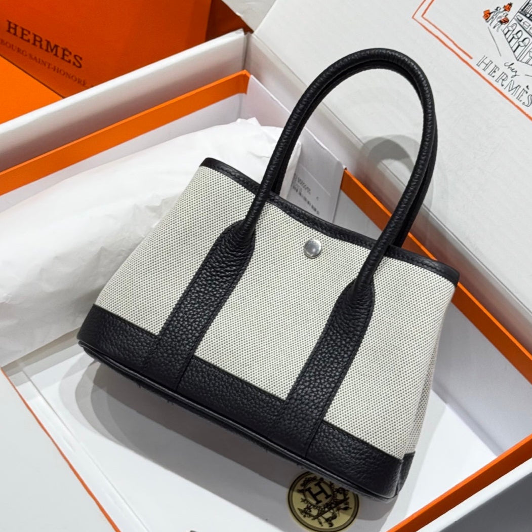 HM Garden Party Mini 23cm Bag Black Togo Cream Canvas