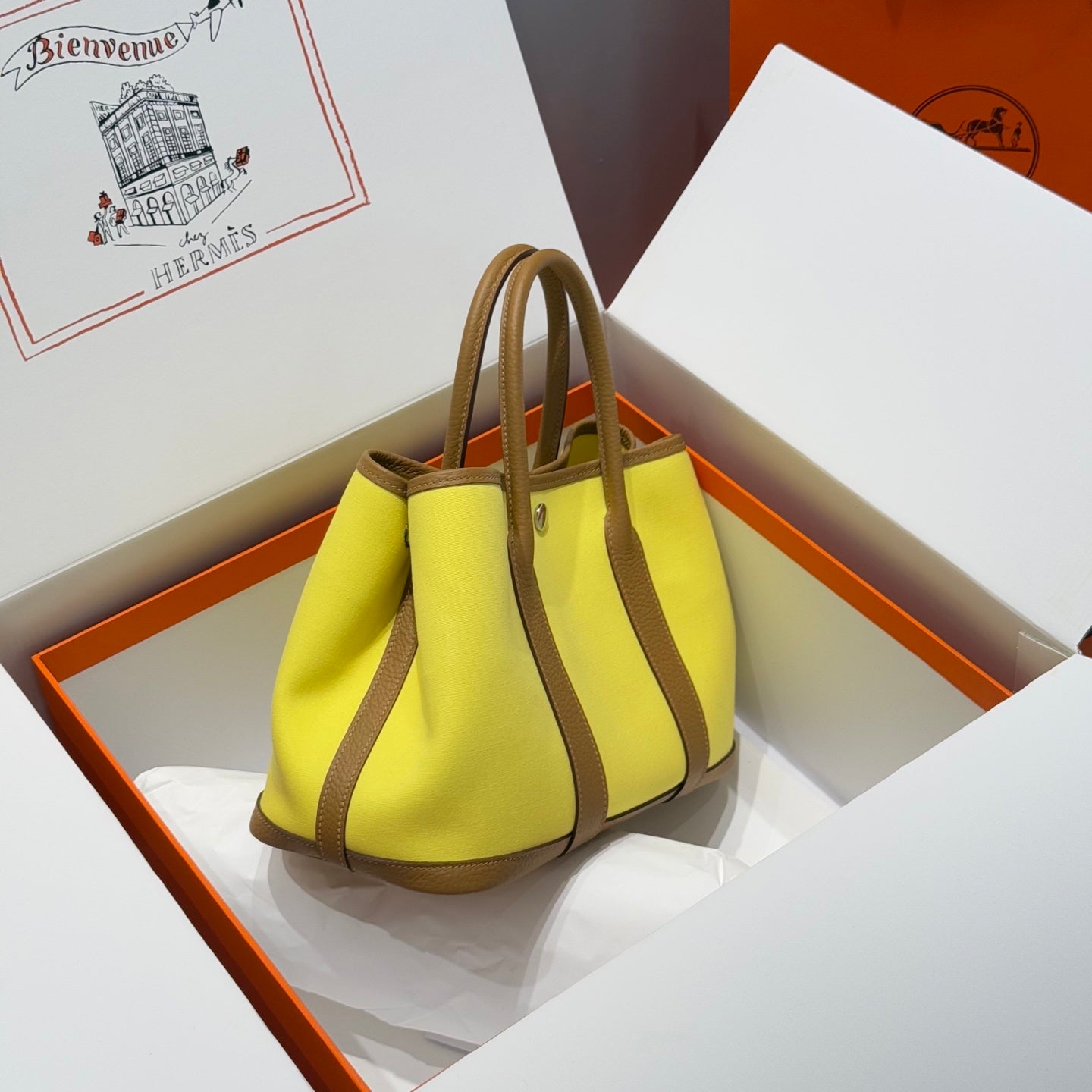 HM Garden Party 30cm Bag Brown Togo Yellow Canvas