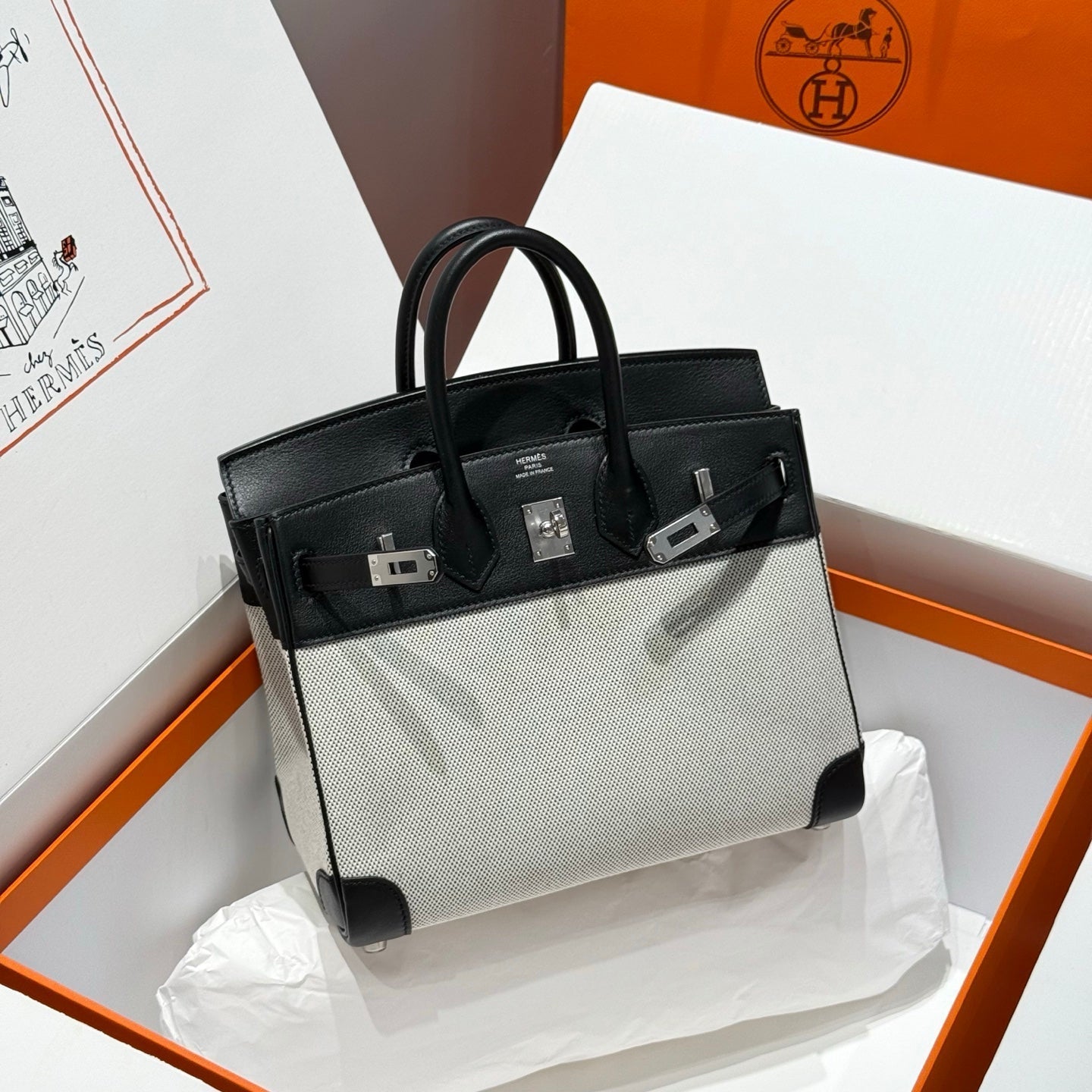 HM Birkin 25cm Black Swift Cowhide With Black White Checkered Canvas Fabric Shw 249986