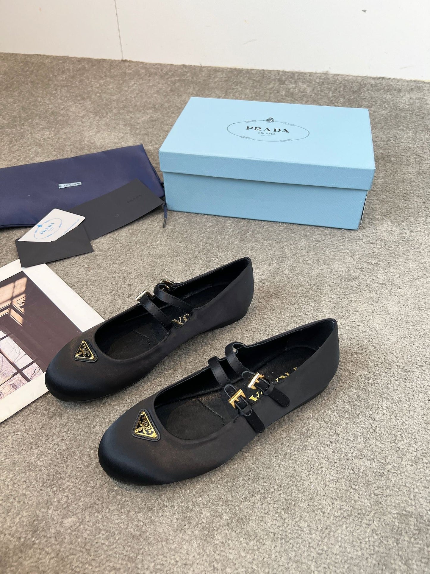 Prada 25th Double Strap Ballet Flats Black Satin 564124
