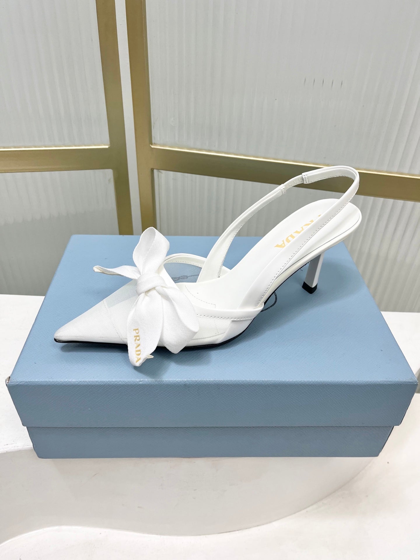 Prada Mesh Stiletto Sandals 7.5 White Sheepskin 606007