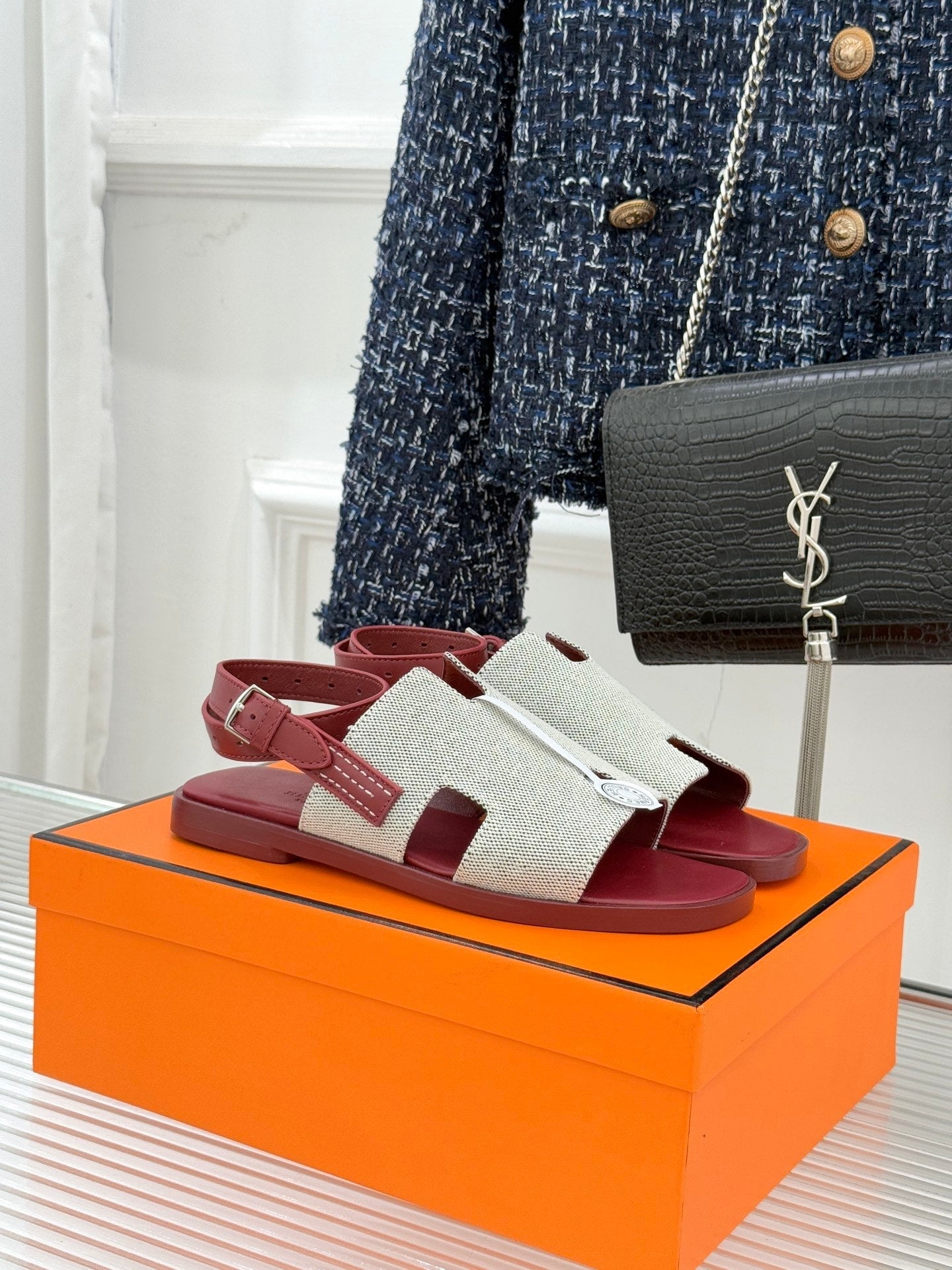HM Maya Sandal Burgundy White Leather Canvas 642789
