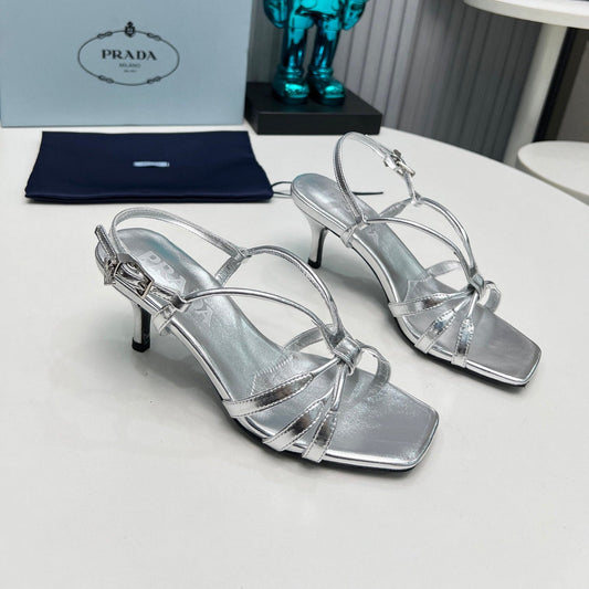 Prada 26s Strappy Sandals Stiletto Heel 60mm In Silver Calfskin