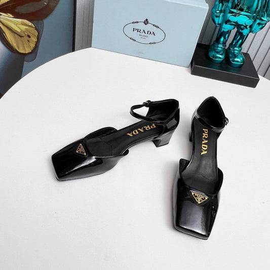Prada 26s Ankle Strap Pumps 40mm In Black Patent Calfskin Triangle Logo