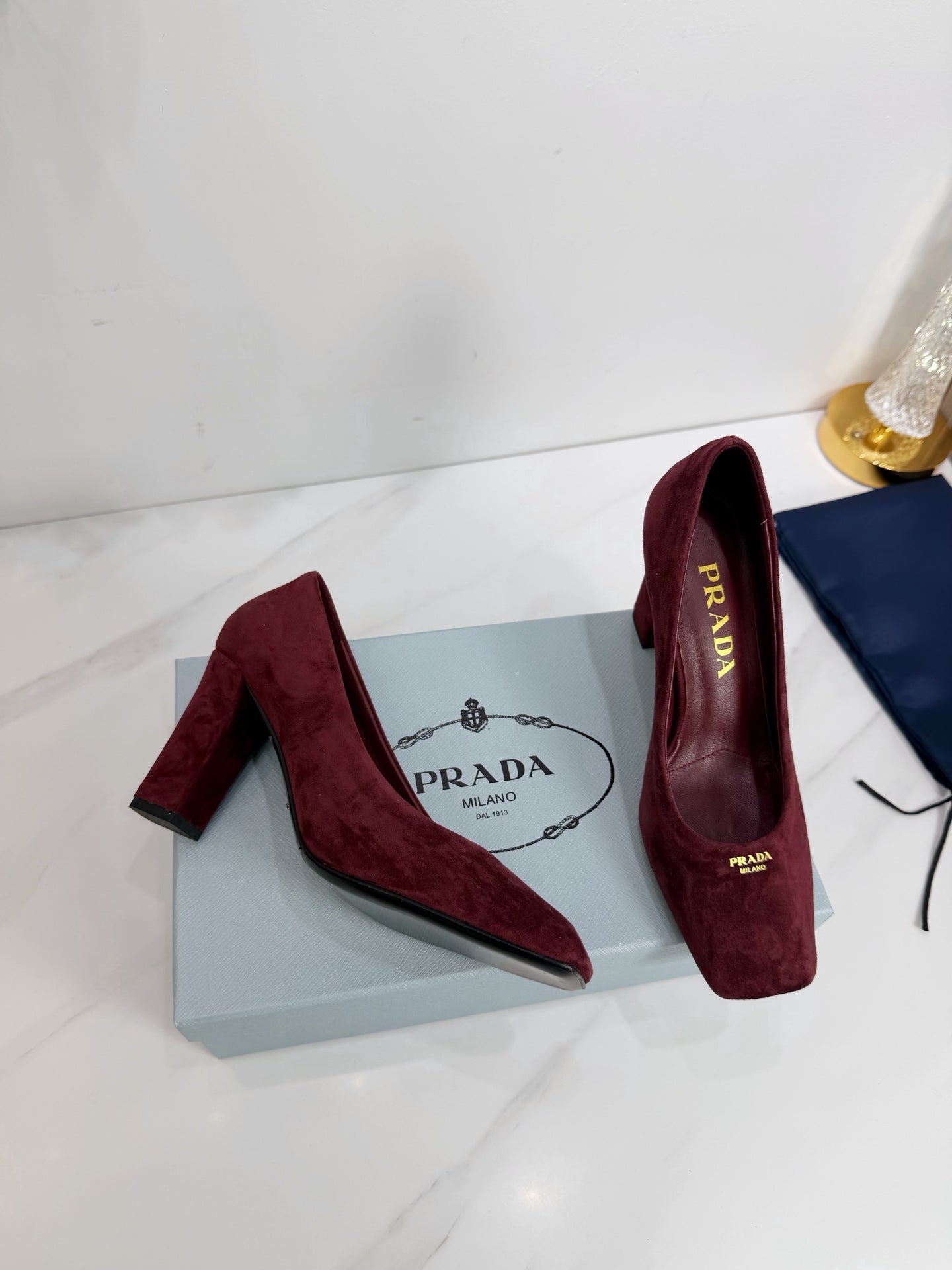 PRA 26SS Square-toe Block Heels 85 Burgundy Suede 592359