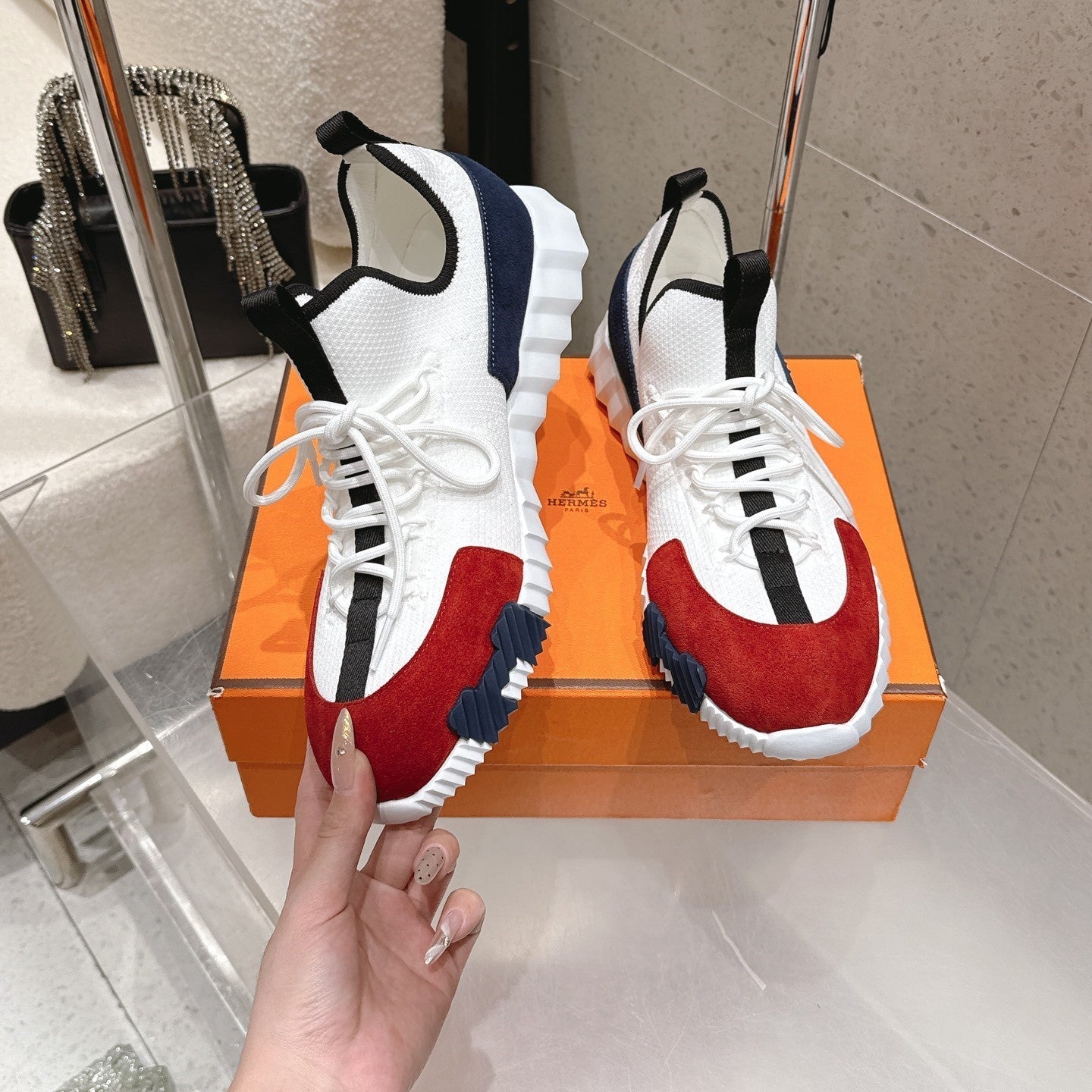 HM Lift Slip-On Sneaker White Red Dark Blue Fabric Suede 608252