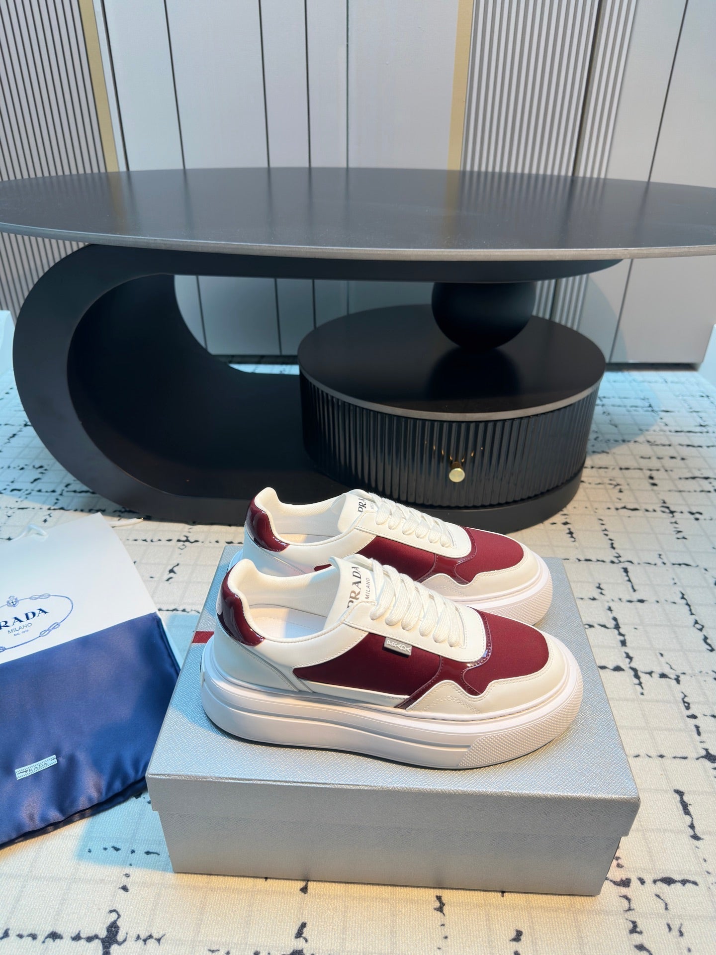 Prada 25s Platform Sneakers White Red Cowhide 538422