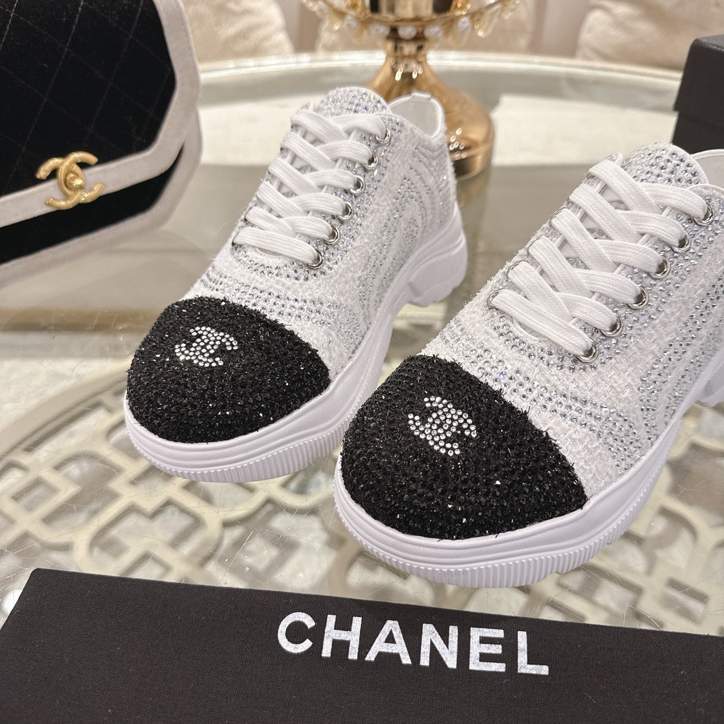 CC 26s Platform Sneakers White Black Rhinestone Sheepskin 627058