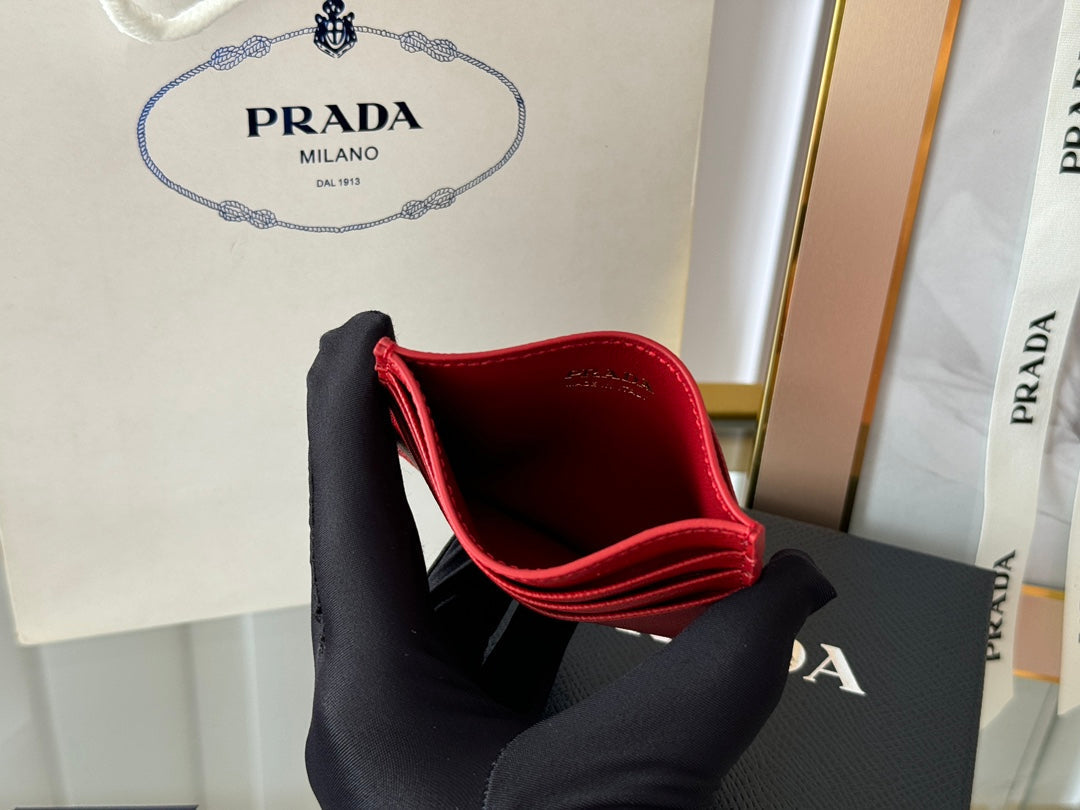 Pra Gold Logo-Stamp Card Holder Red Saffiano Leather