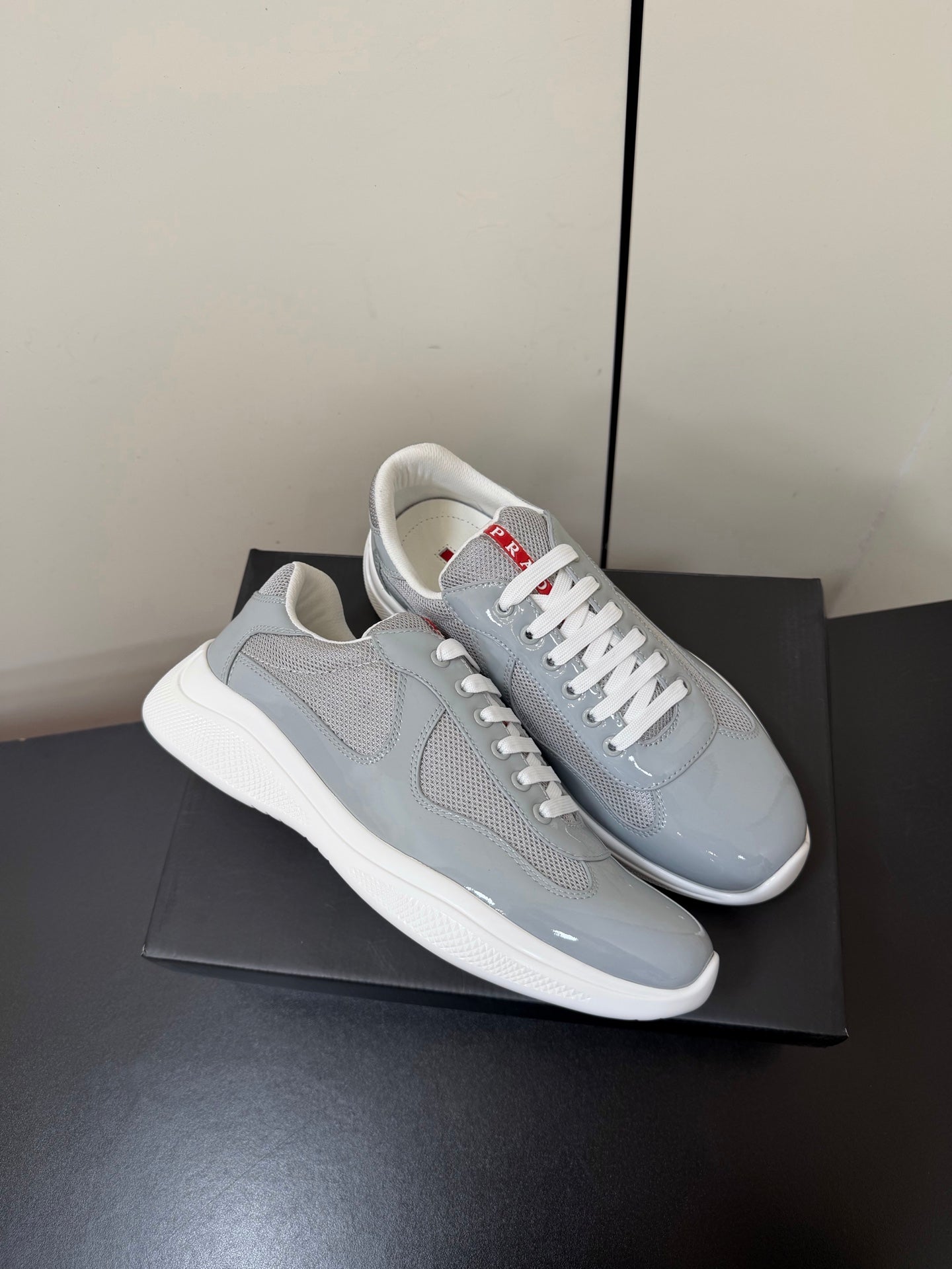 Prada America's Cup Sneaker  Grey White Patent Leather Mesh 618927