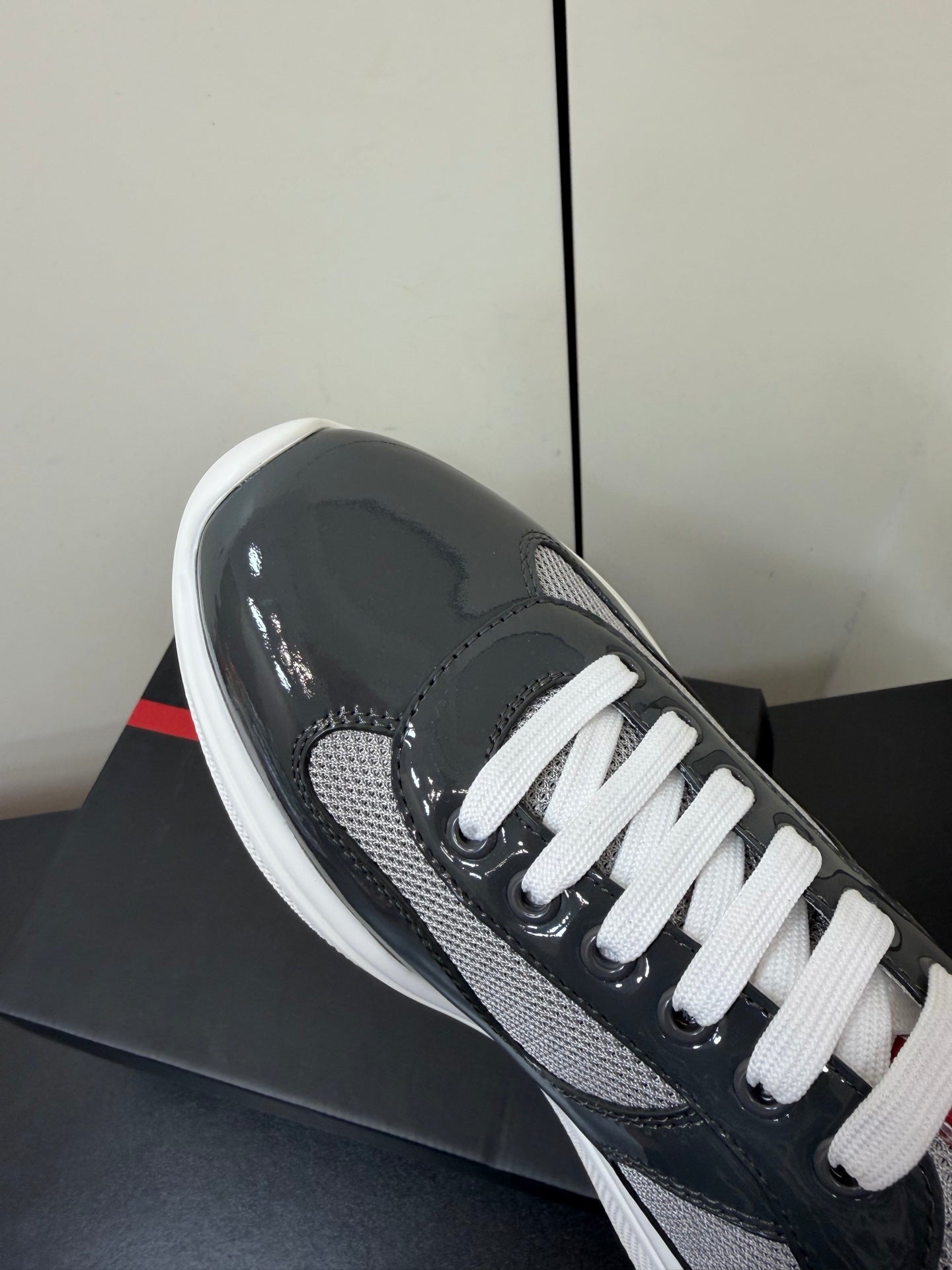 Prada America's Cup Sneaker Dark Grey White Patent Leather Mesh 618928