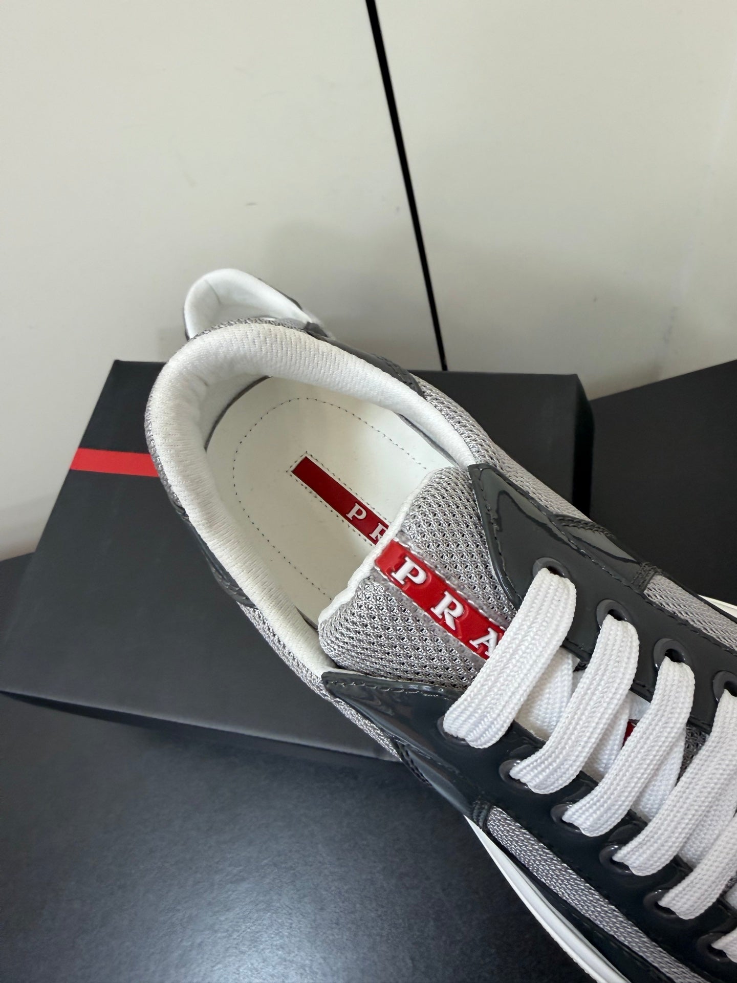 Prada America's Cup Sneaker Dark Grey White Patent Leather Mesh 618928
