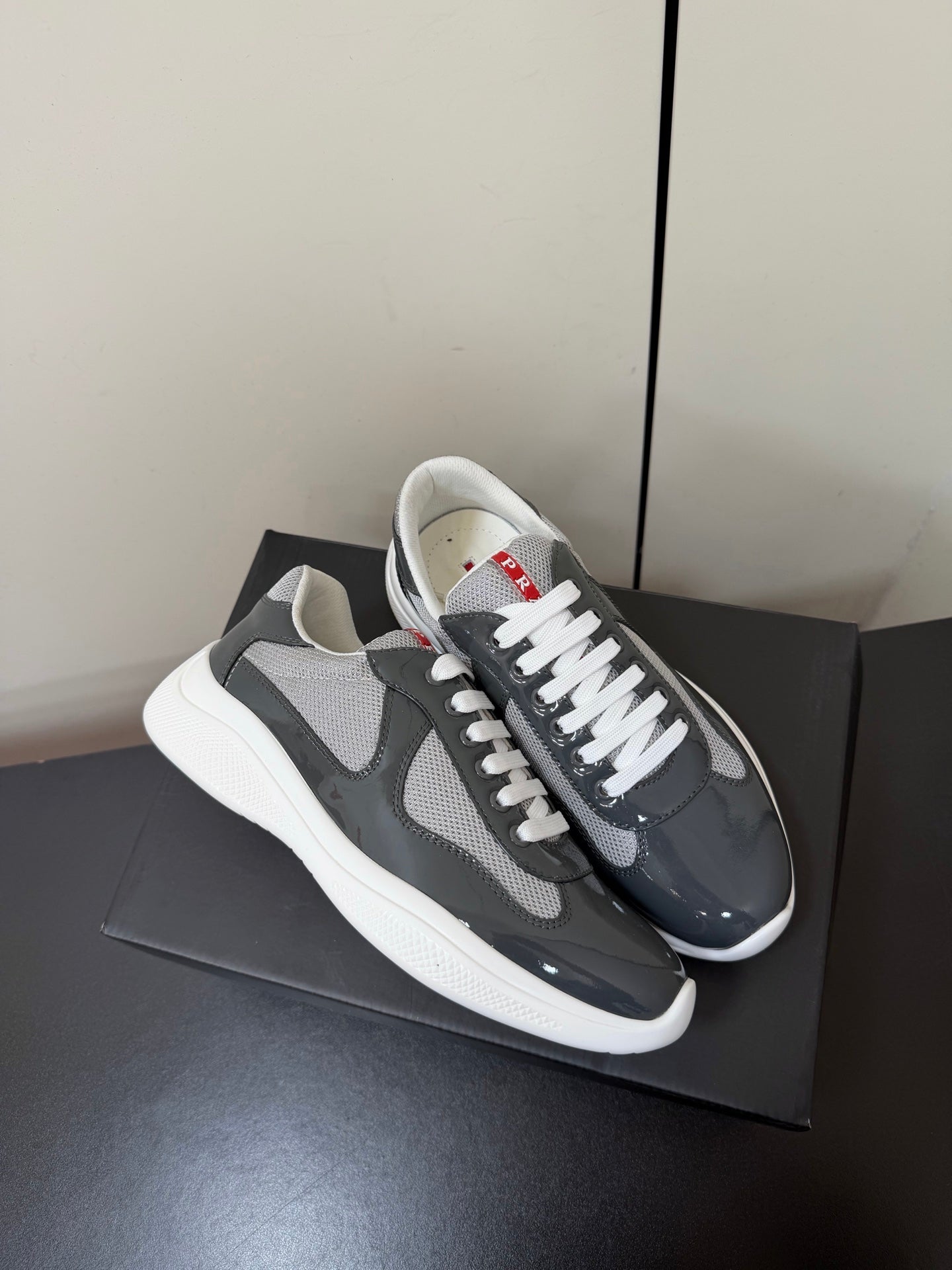 Prada America's Cup Sneaker Dark Grey White Patent Leather Mesh 618928