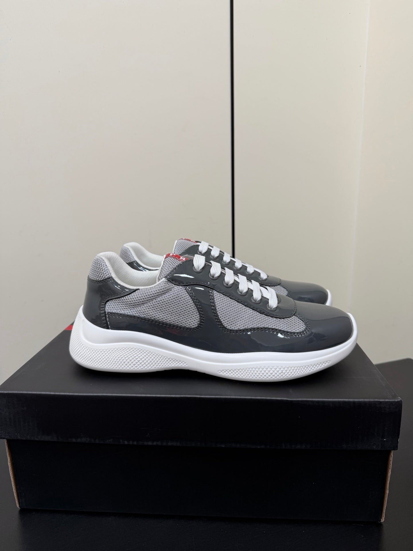 Prada America's Cup Sneaker Dark Grey White Patent Leather Mesh 618928