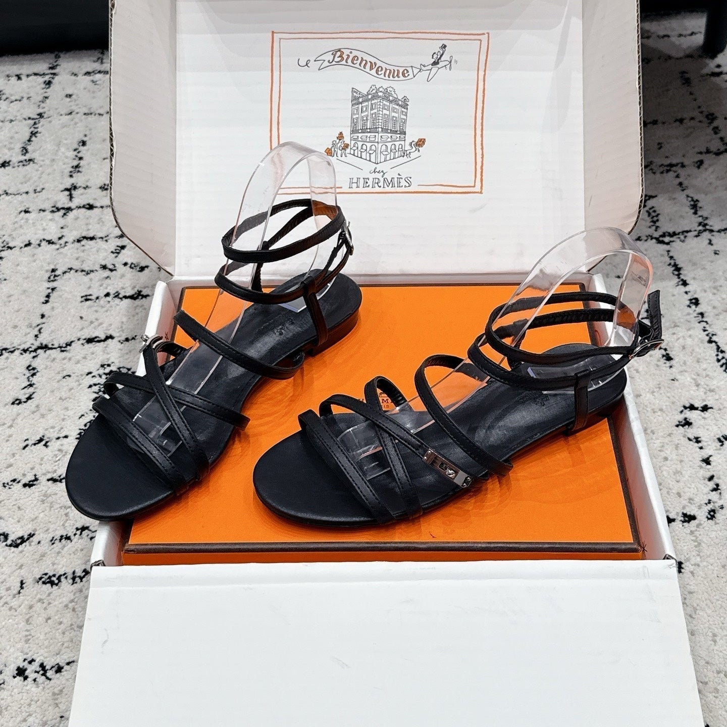 HM 26s Strappy Sandals In Black Calfskin Silver Hardware