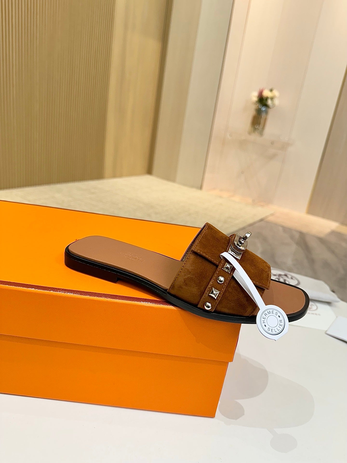 HM 26s Giulia Sandal In Caramel Brown Suede And Calfskin Silver Hardware