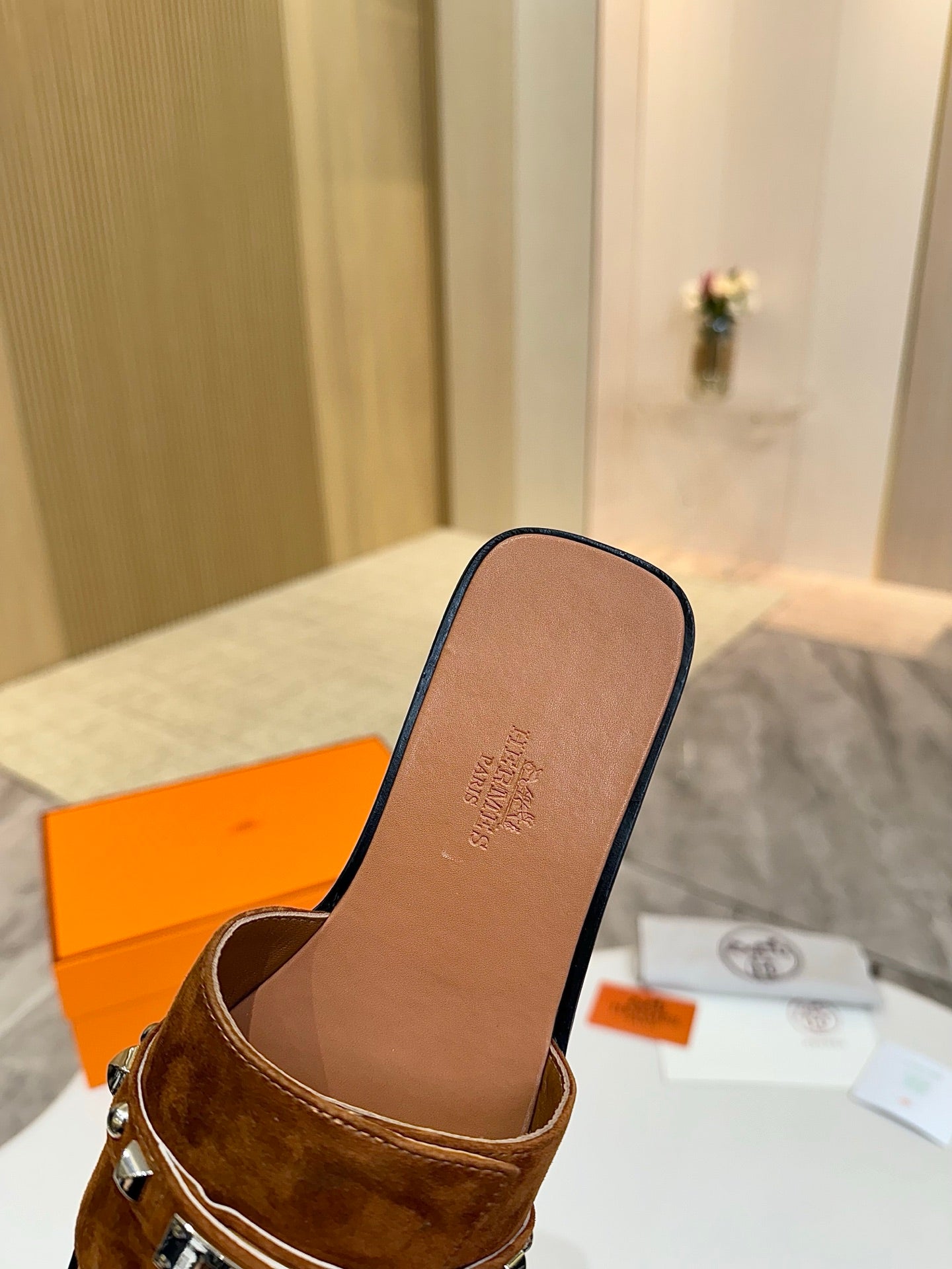 HM 26s Giulia Sandal In Caramel Brown Suede And Calfskin Silver Hardware