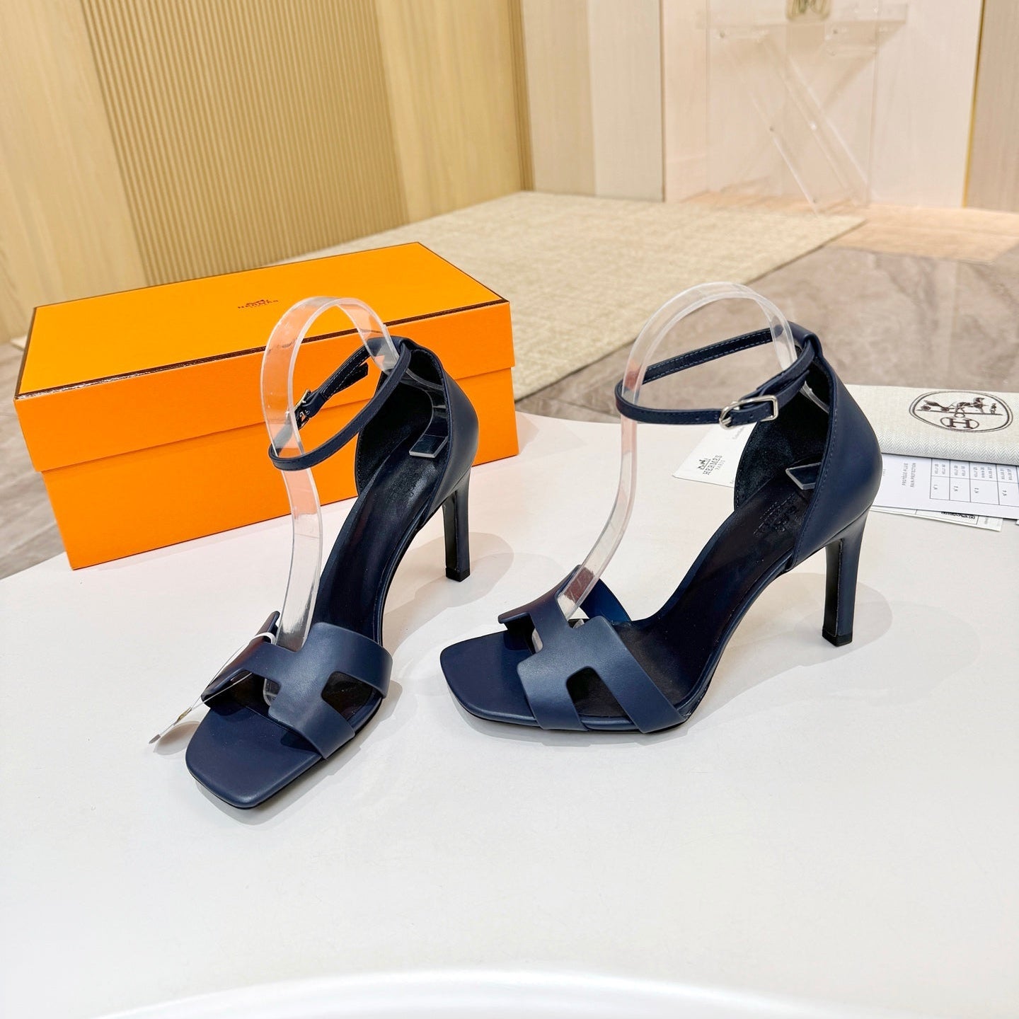 HM 26s H High Heel Sandals 90mm In Navy Blue Calfskin