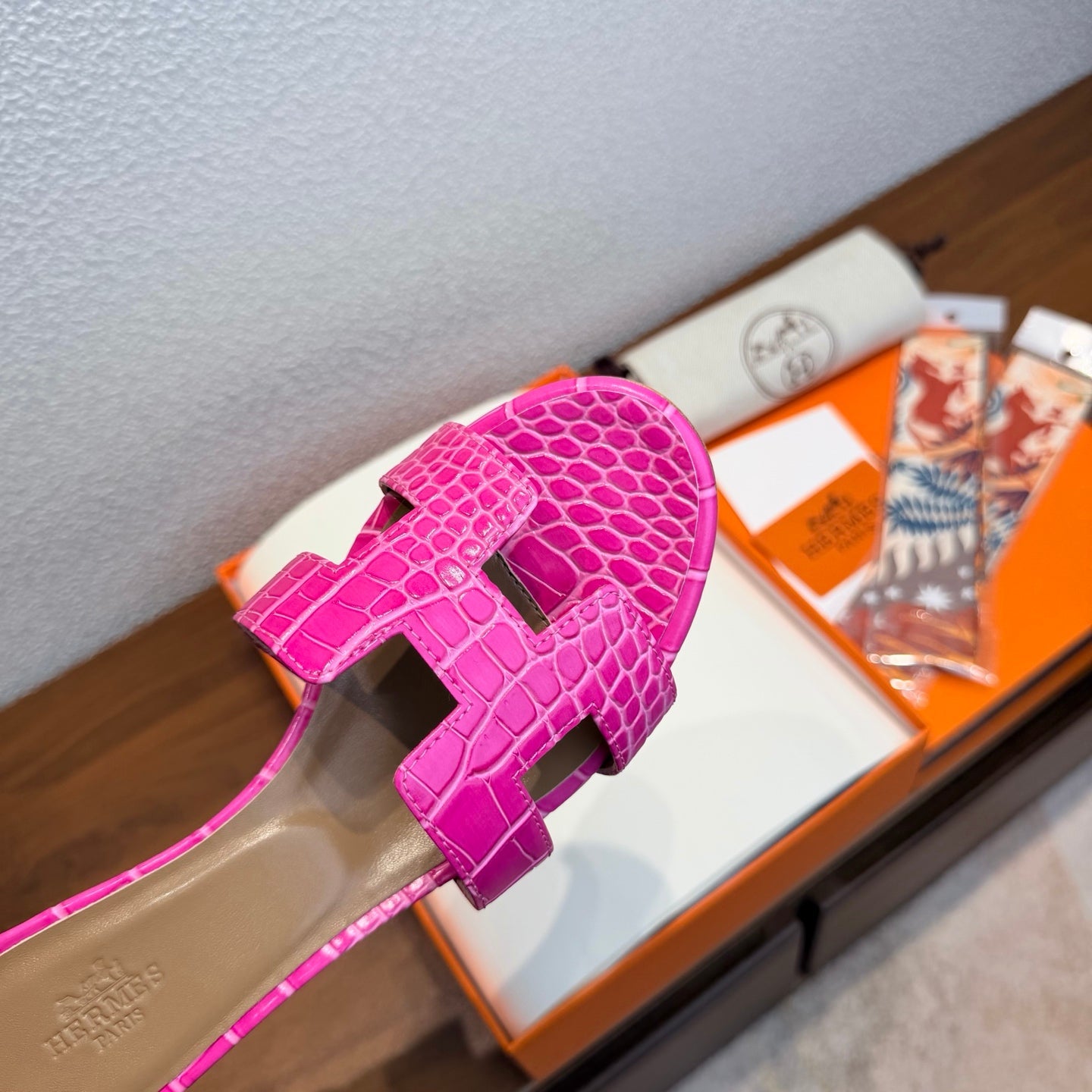 HM Oasis Sandals 4.5cm Hot Pink Embossed Calfskin 707107