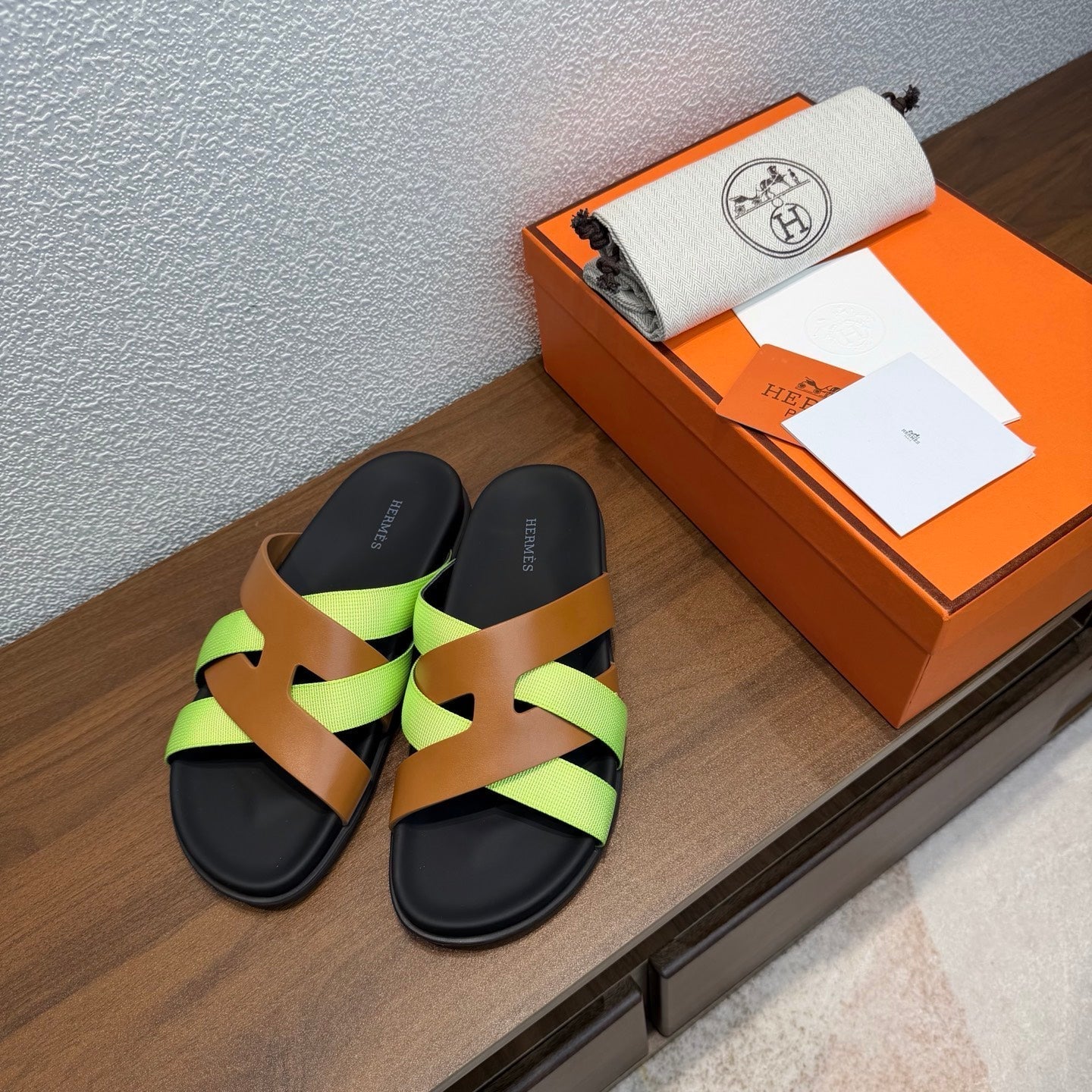 HM 26s Kazimir Sandal In Brown Calfskin And Lime Green Fabric