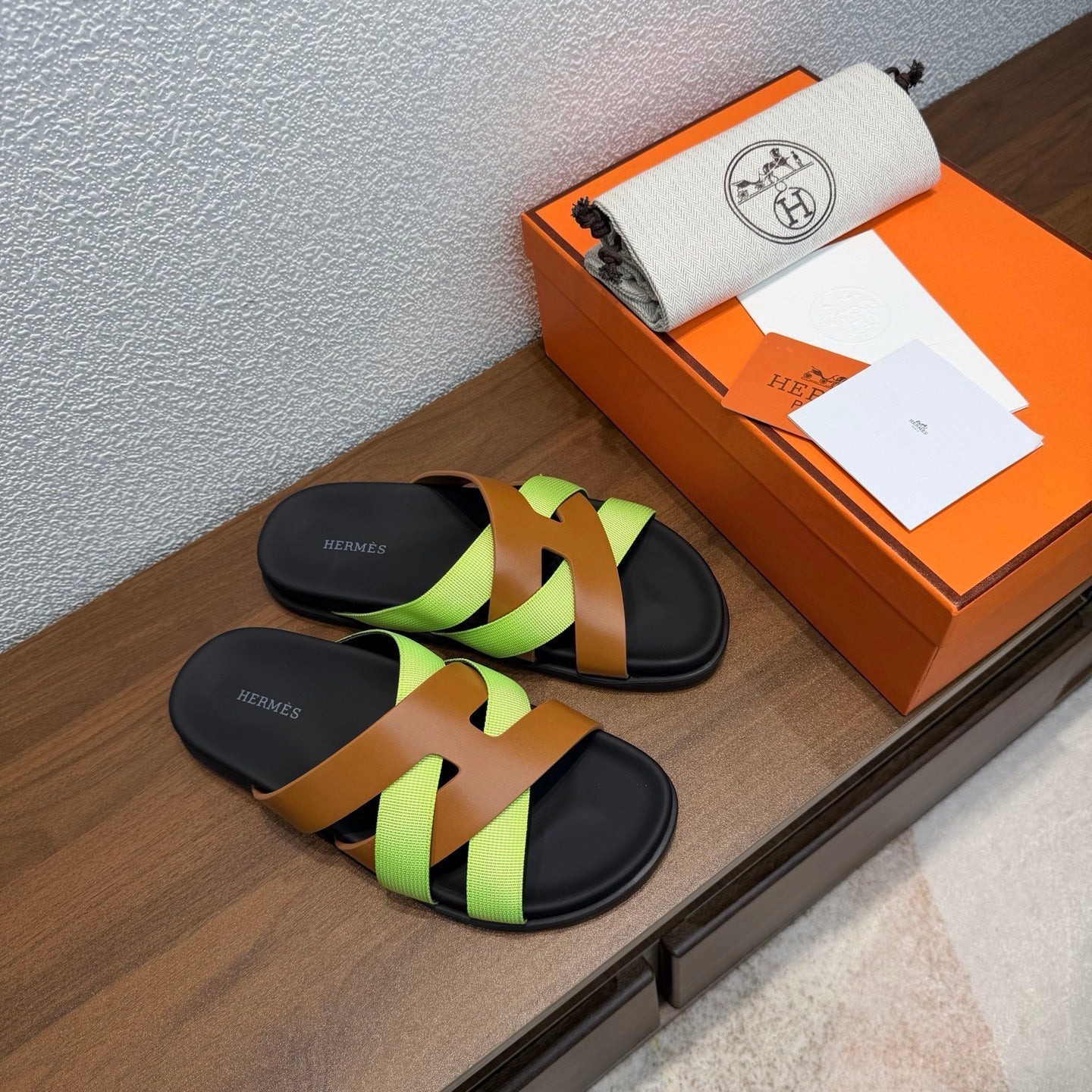 HM 26s Kazimir Sandal In Brown Calfskin And Lime Green Fabric