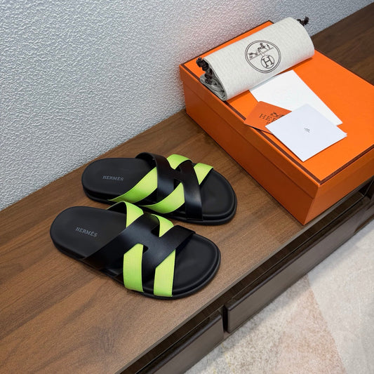HM 26s Kazimir Sandal In Black Calfskin And Lime Green Fabric