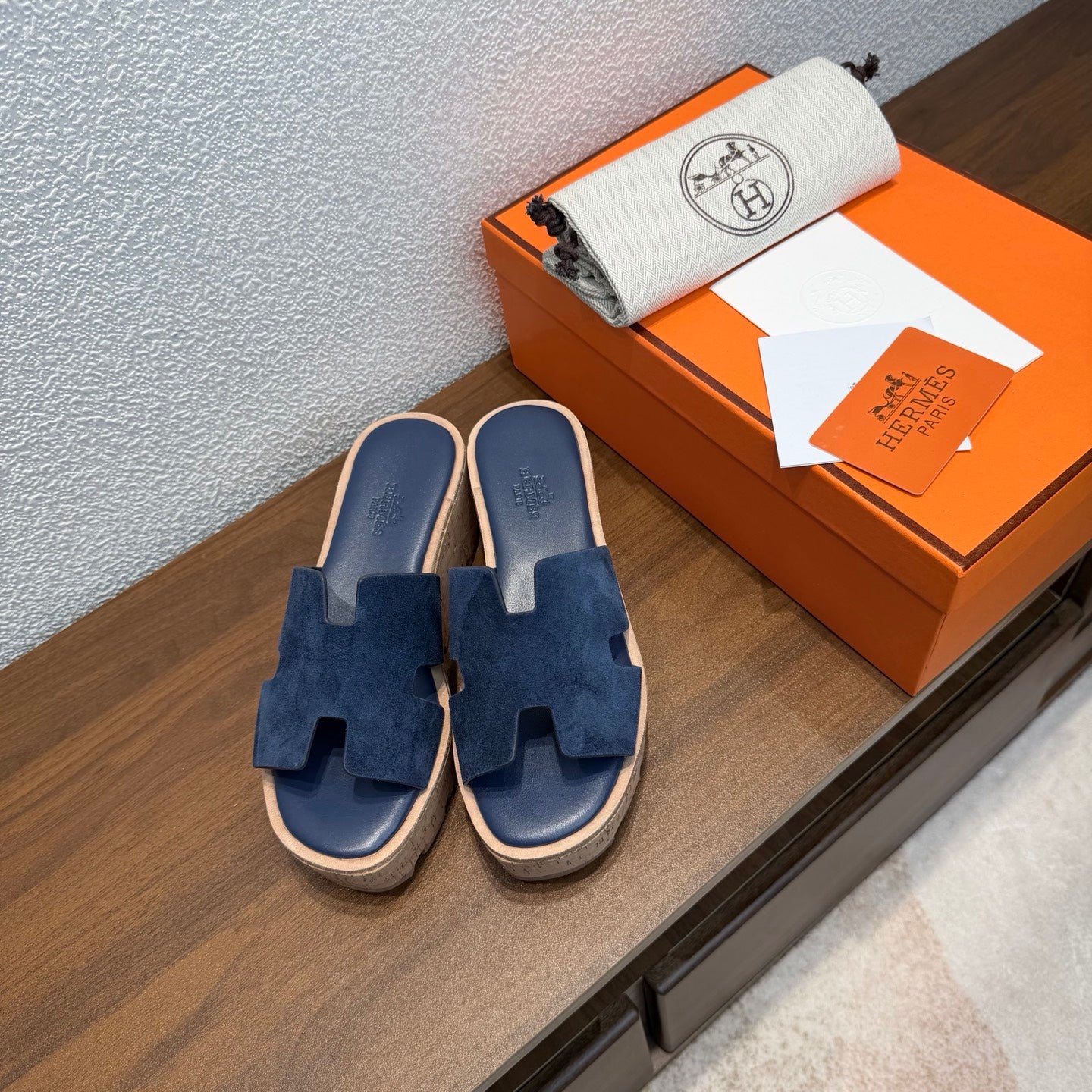 HM 26s H Cut Platform Slides In Navy Blue Suede Cork Sole