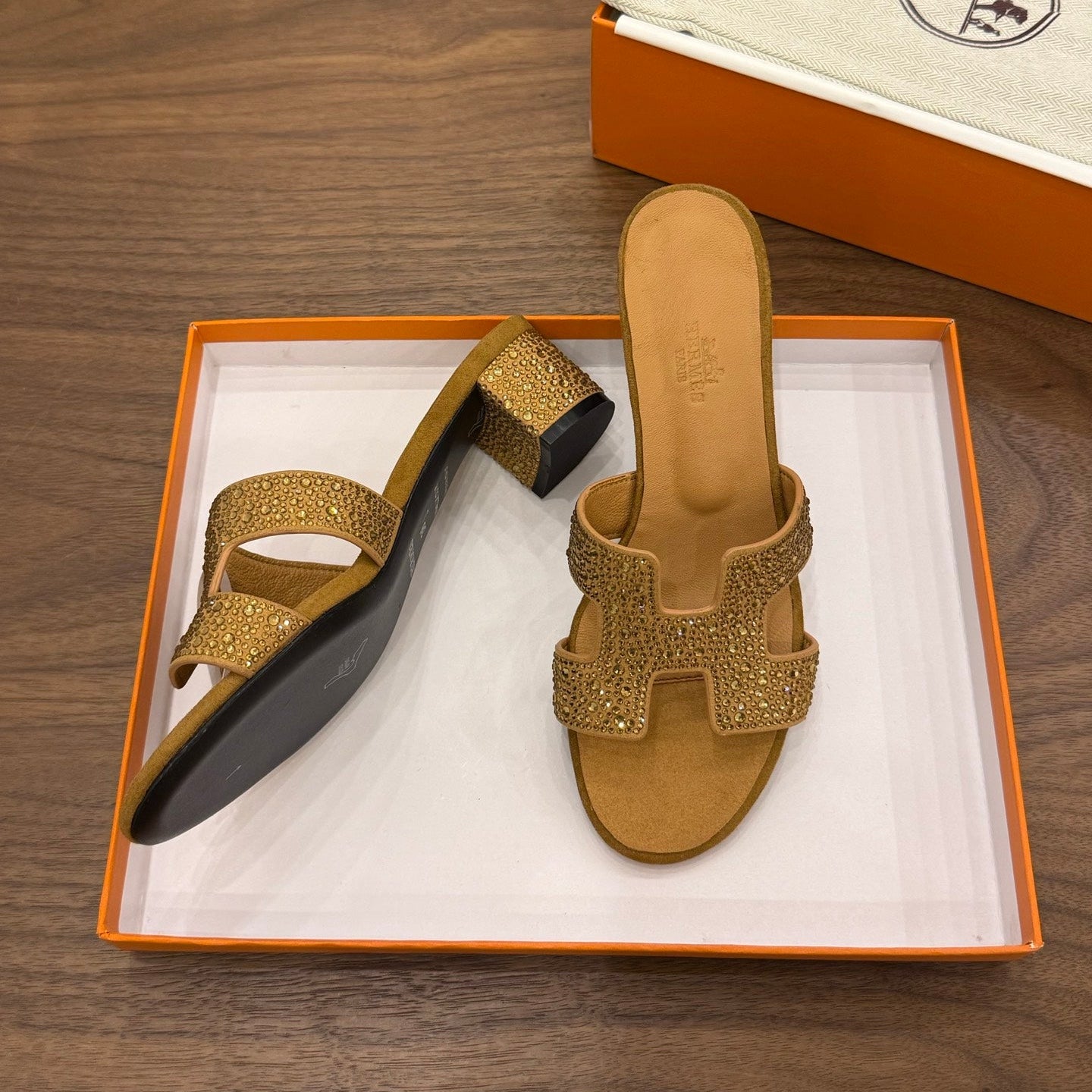 HM 26s Oasis Sandal In Golden Brown Suede With Crystals