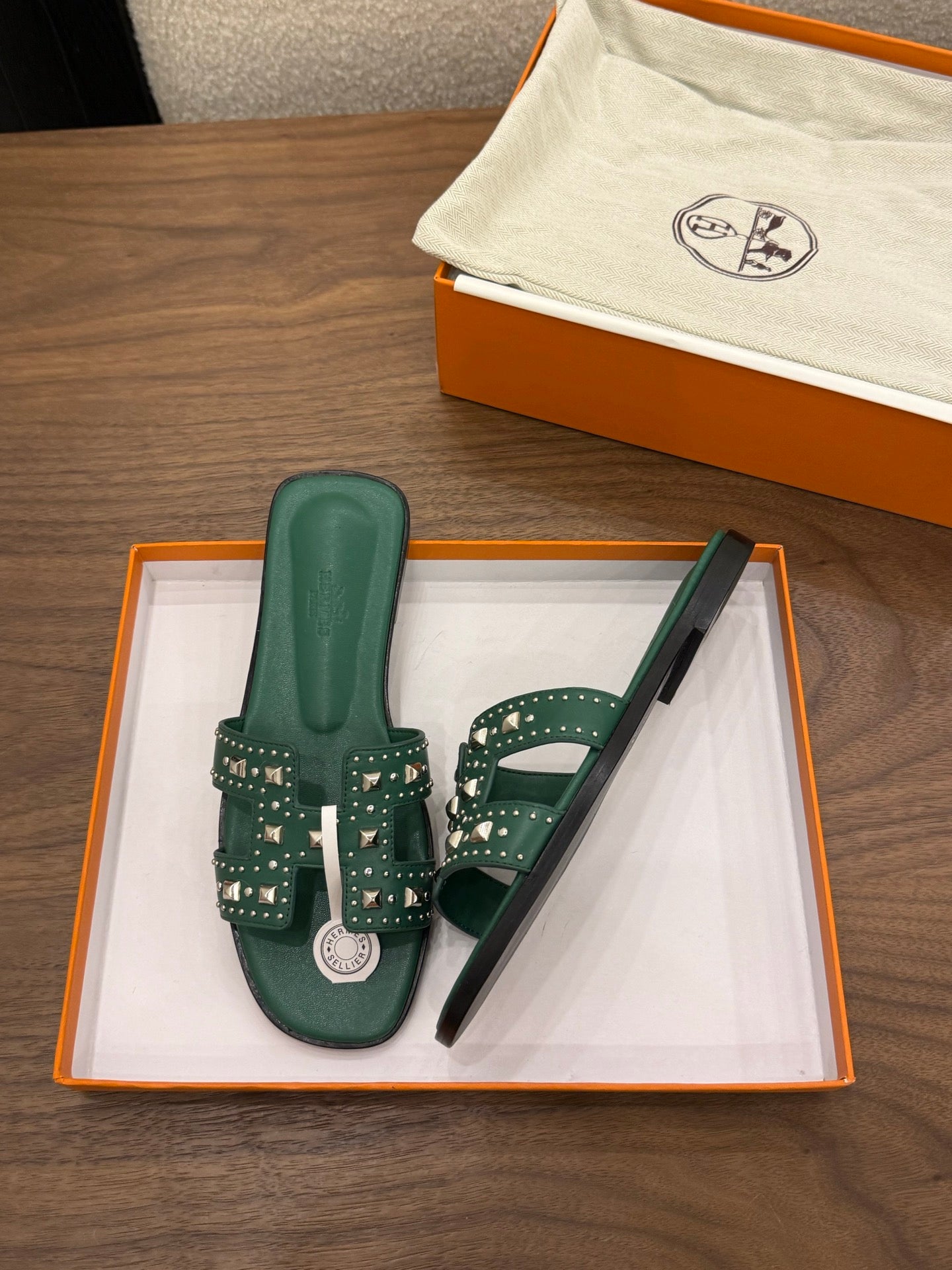 HM 26s Oran Studded Sandals In Emerald Green Calfskin