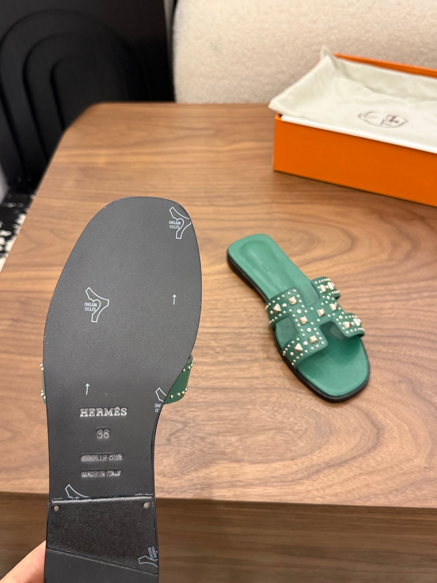HM 26s Oran Studded Sandals In Emerald Green Calfskin