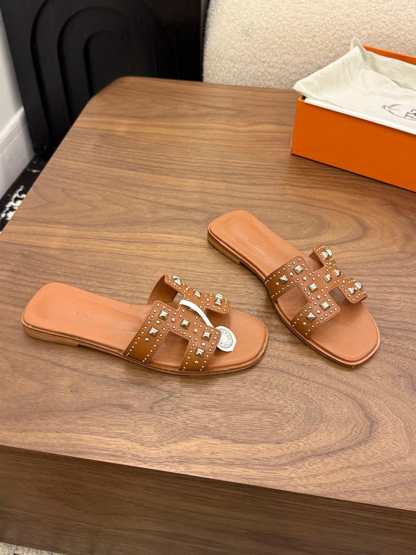 HM 26s Oran Studded Sandals In Brown Calfskin