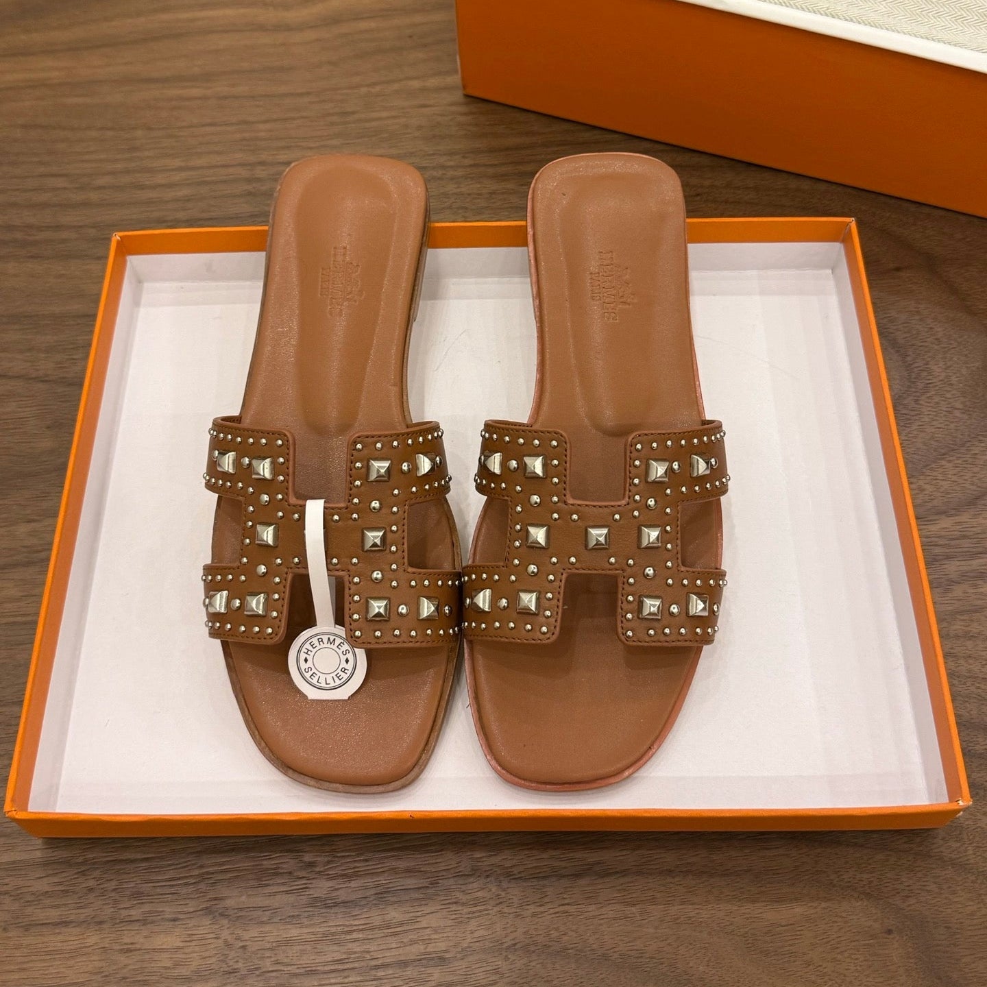HM 26s Oran Studded Sandals In Brown Calfskin