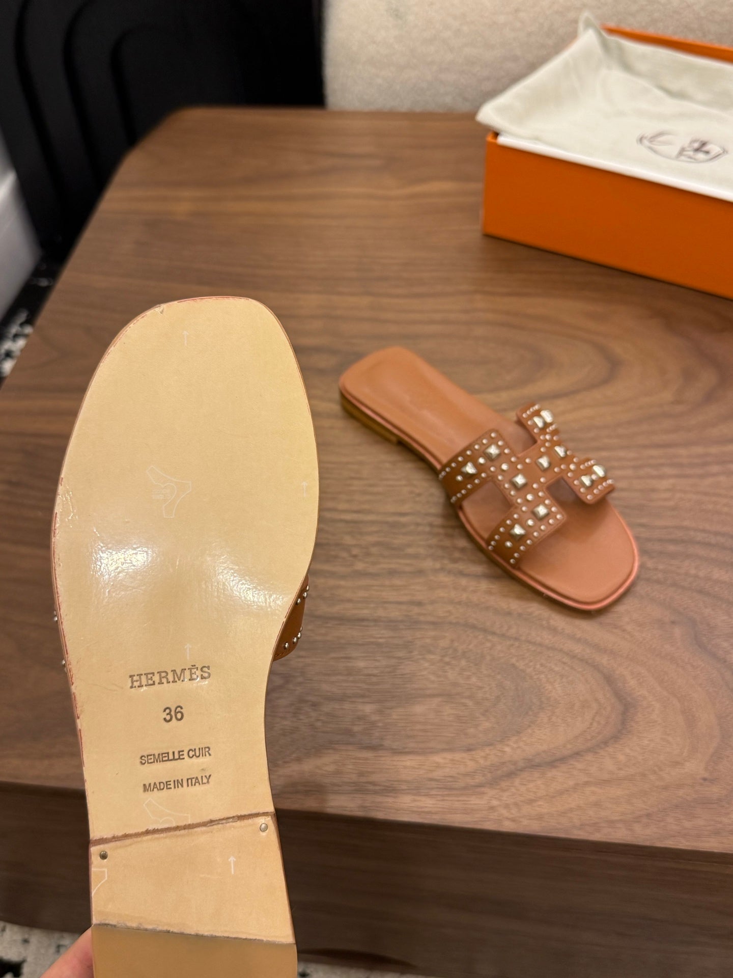 HM 26s Oran Studded Sandals In Brown Calfskin
