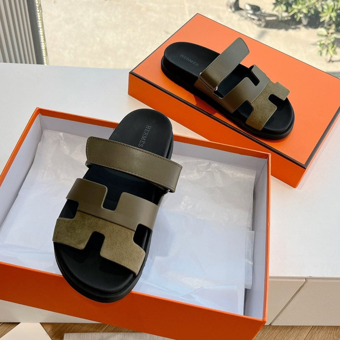 HM 26s Chypre Sandal In Army Green Suede And Calfskin