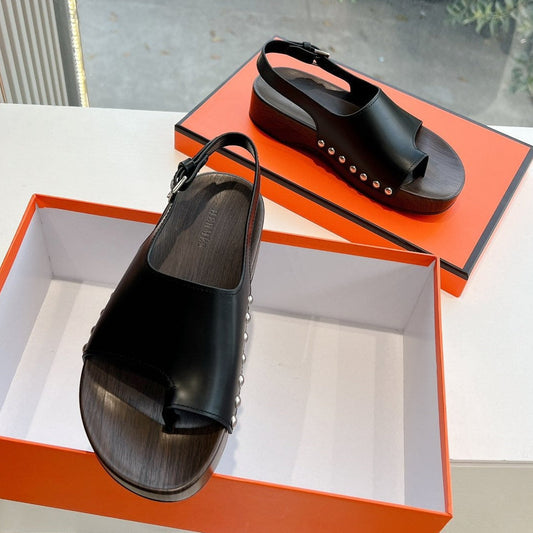 HM Flat Sandal In Corn Black Calfskin