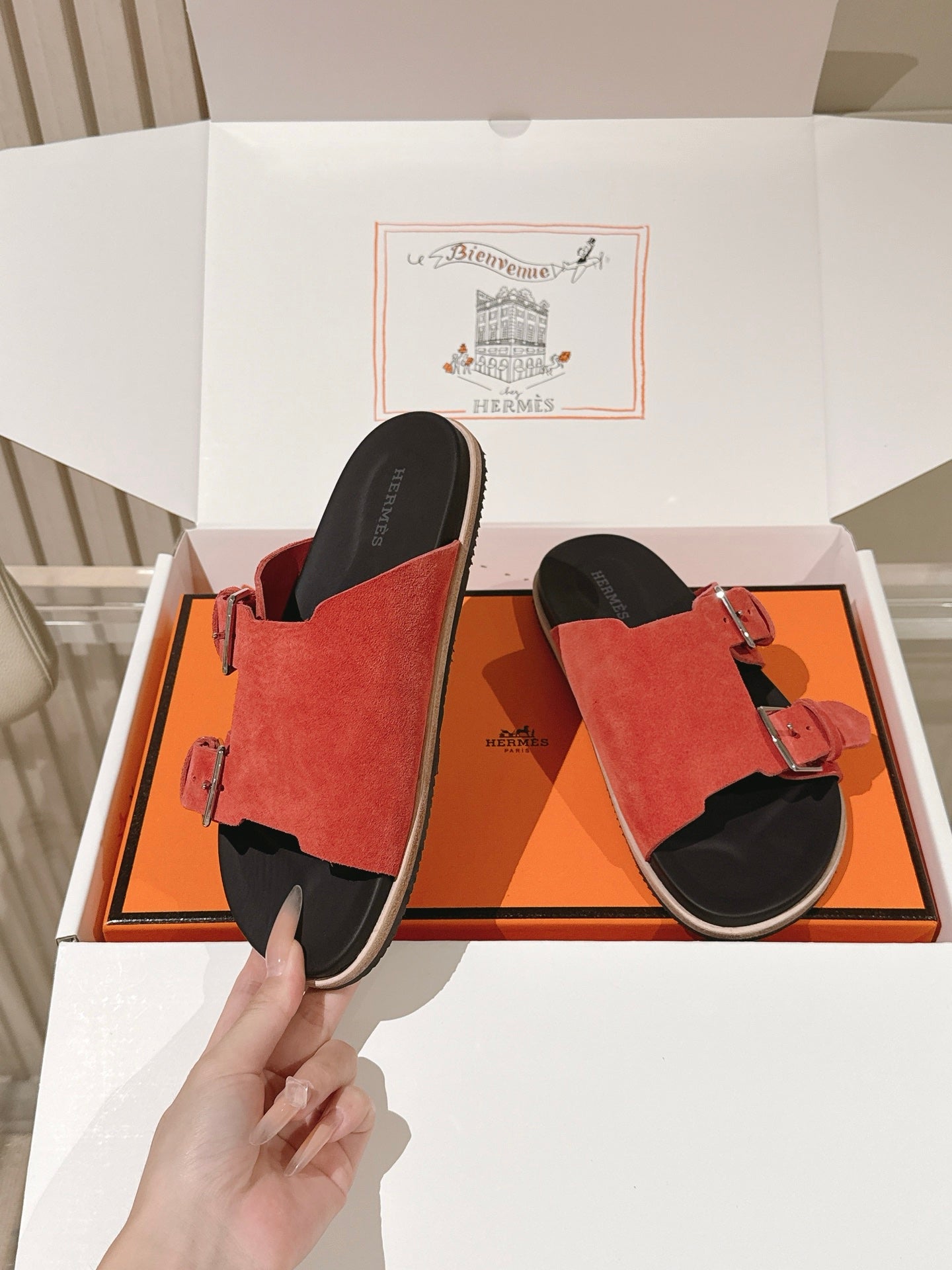 HM 26s Double Buckle Birkenstock Sandals Orange Suede 968907