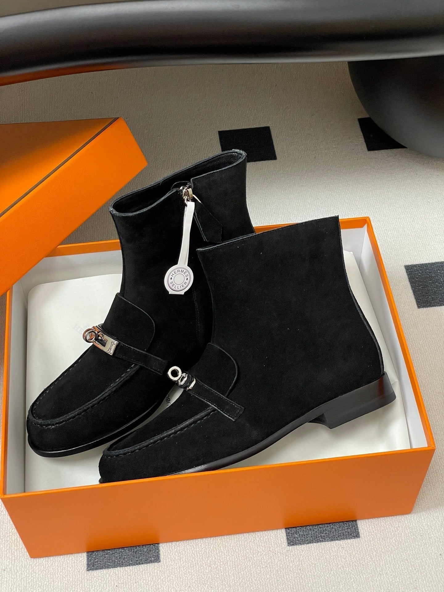 HM Short Boots 25mm Kelly Buckle Black Suede